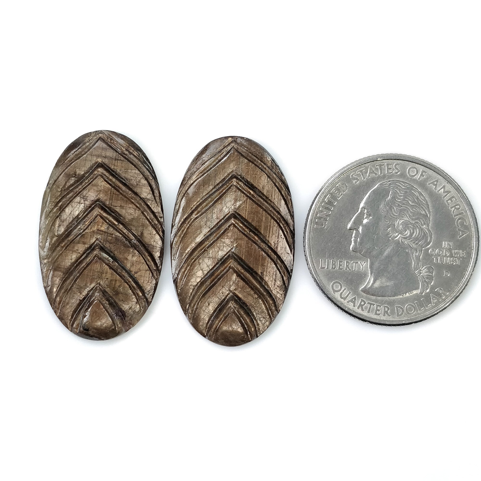 Natural Untreated Golden Brown Chocolate Sapphire Gemstone Carving - 42.80cts Hand Carved Oval Pair (30x17.5mm) with Video | Ceylon Sapphire for Jewelry Making, Engagement Rings & Luxury Gifts