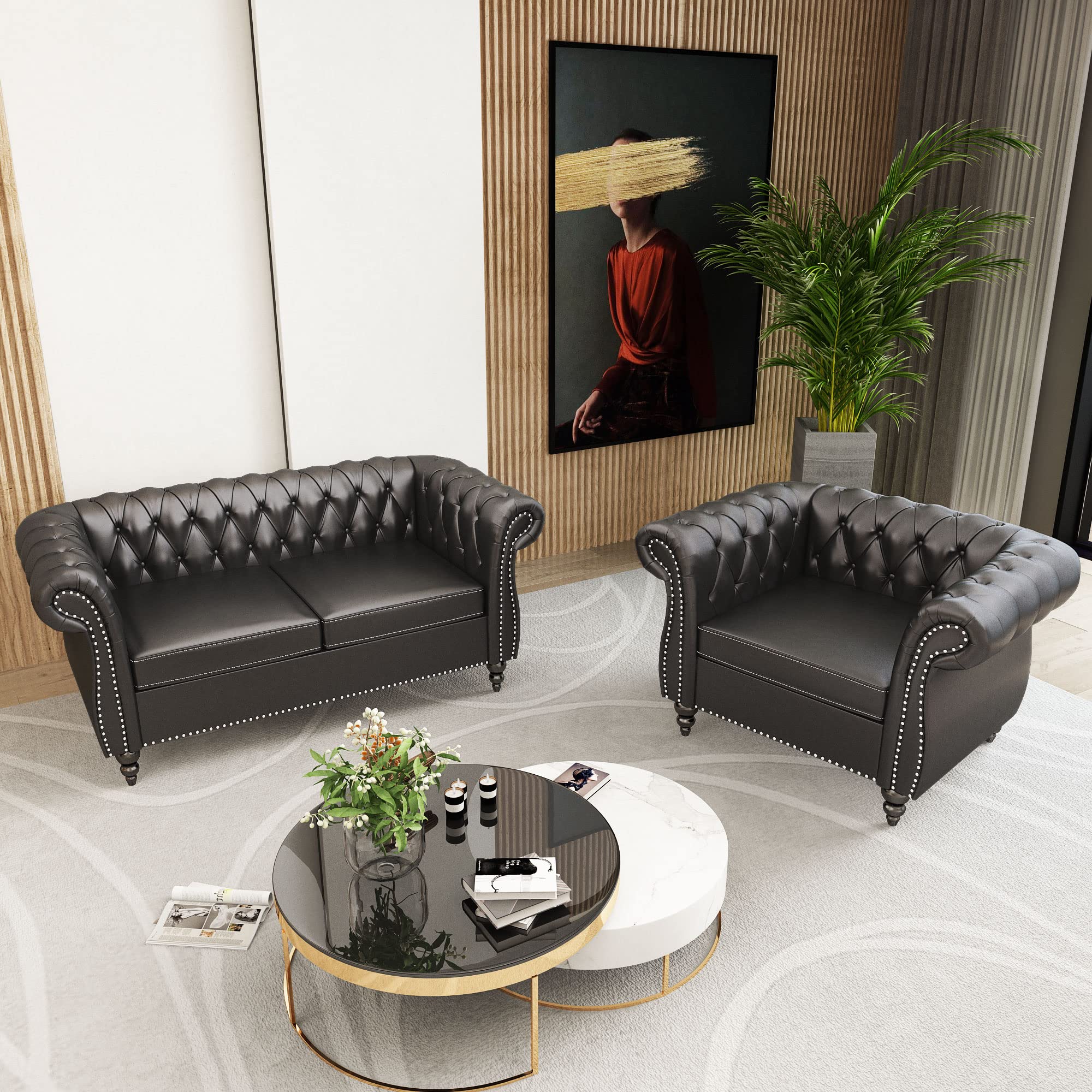Modular Sectional Sofa Set - PU Leather Upholstered with Tufted Cushions, Space-Saving Furniture for Small Living Rooms & Office Meeting Areas (Black, 1-2 Seater) - Perfect for Apartments, Condos and Compact Workspaces