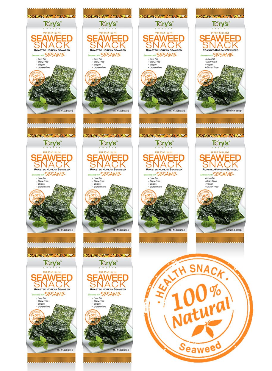 Organic Roasted Seaweed Snacks with Sesame - 0.35oz (10 Pack) | Healthy Low-Calorie Vegan Keto Gluten-Free Snack | Perfect for On-the-Go, Lunch Boxes & Asian-Inspired Meals
