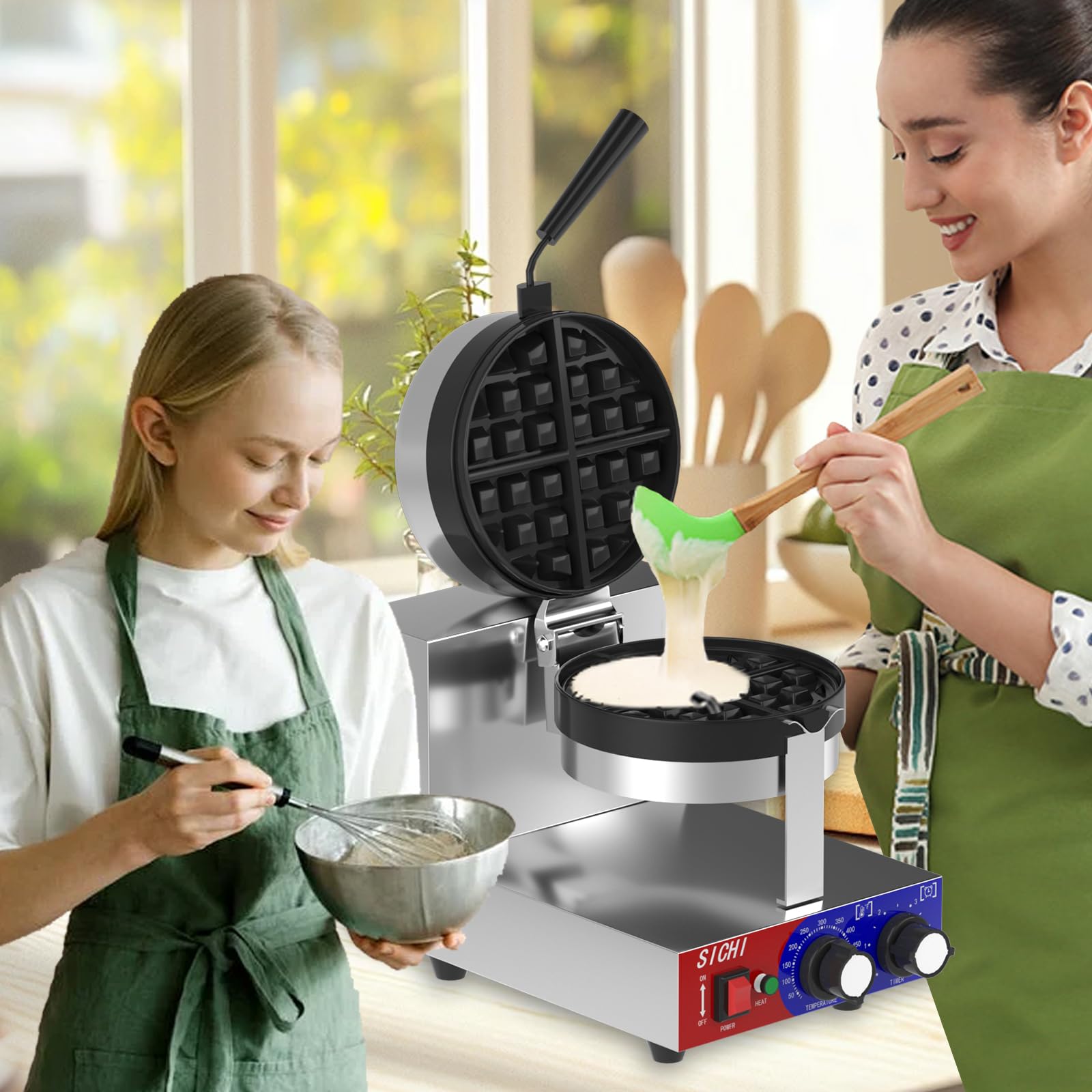SICHI Commercial Waffle Maker - 1200W Belgian Waffle Iron with Non-Stick Baking Pan, 550°F Fast Heating, Rotating Stainless Steel Waffle Machine for 1.2
