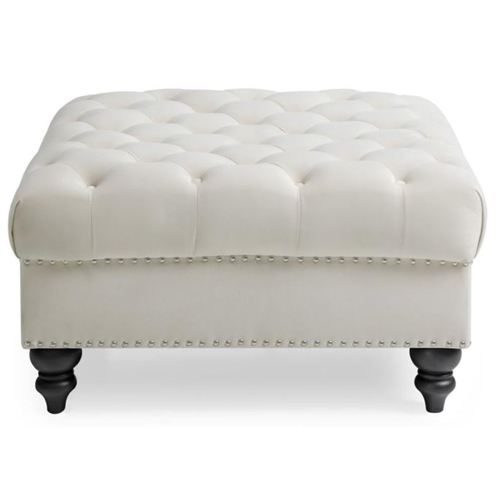 Nola Velvet Ottoman in Ivory - Luxurious Footrest & Storage Bench for Living Room, Bedroom, or Nursery | Glory Furniture