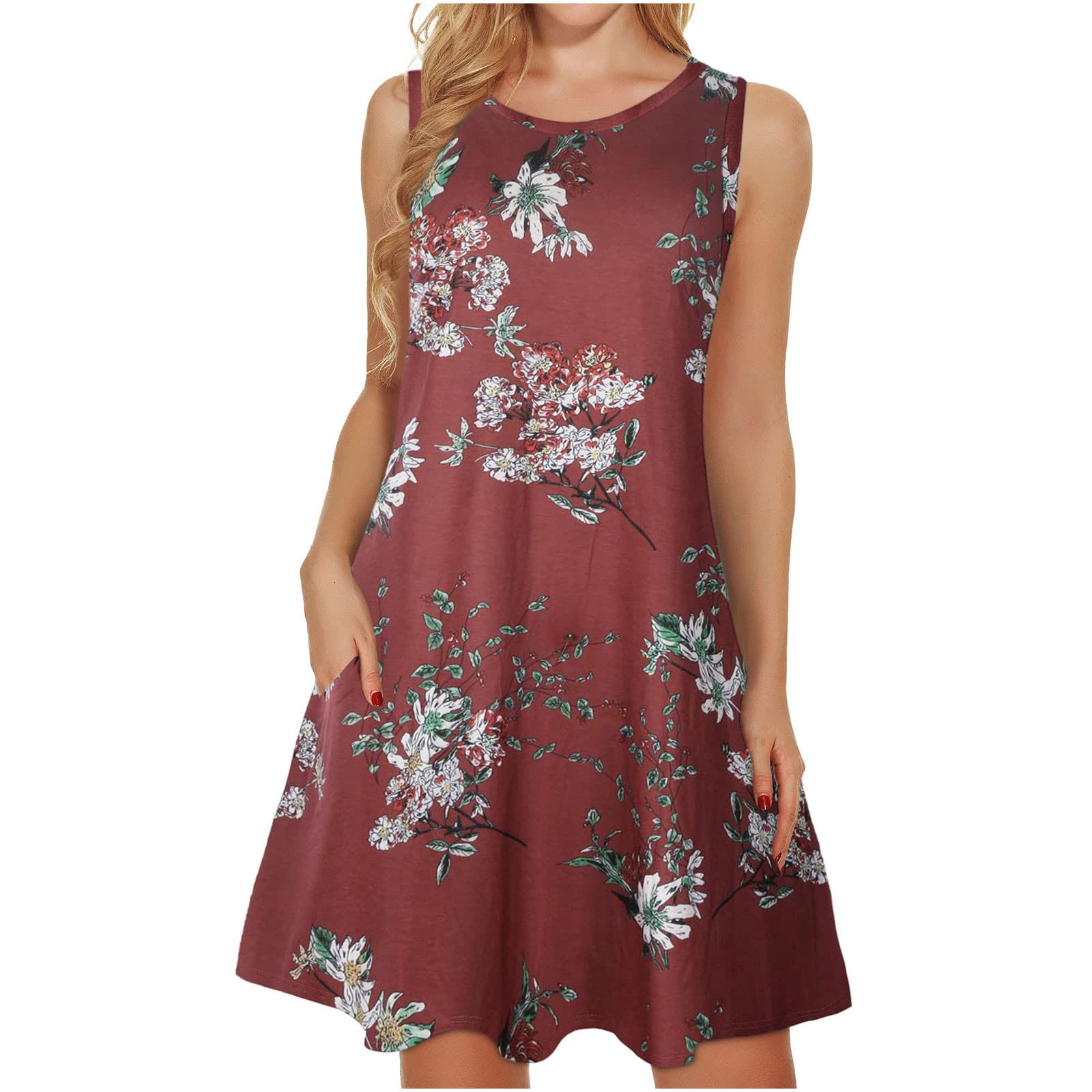 Women's Floral Summer Dress - Sleeveless Beach Sundress with Pockets, Round Neck Casual Loose Tank Dress for Vacation, Pool Party & Outdoor Activities