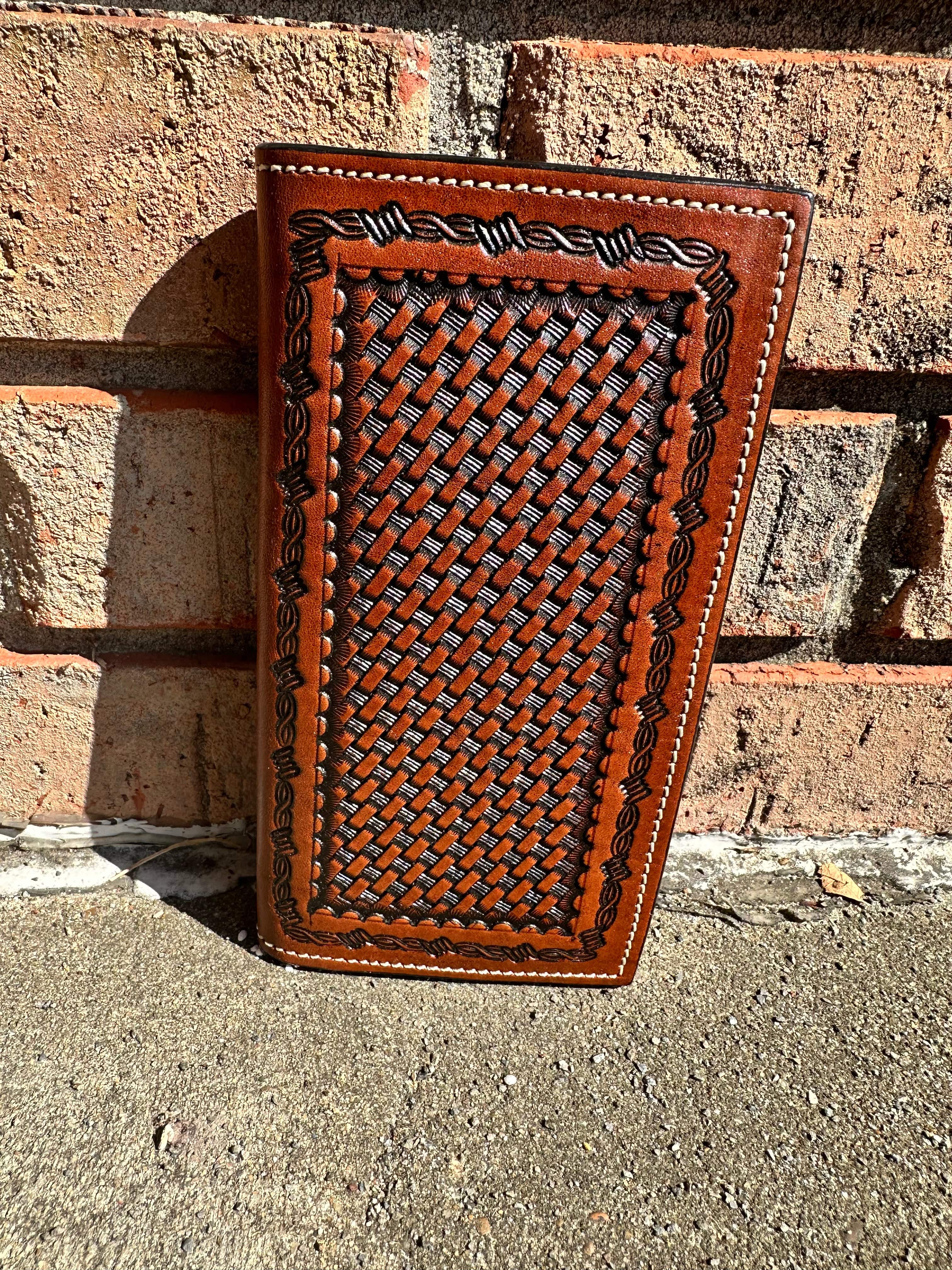 Genuine Leather Rodeo Wallet for Men - Handcrafted Cognac Basketweave Design - Perfect for Western Riders, Cowboy Enthusiasts & Outdoor Adventures
