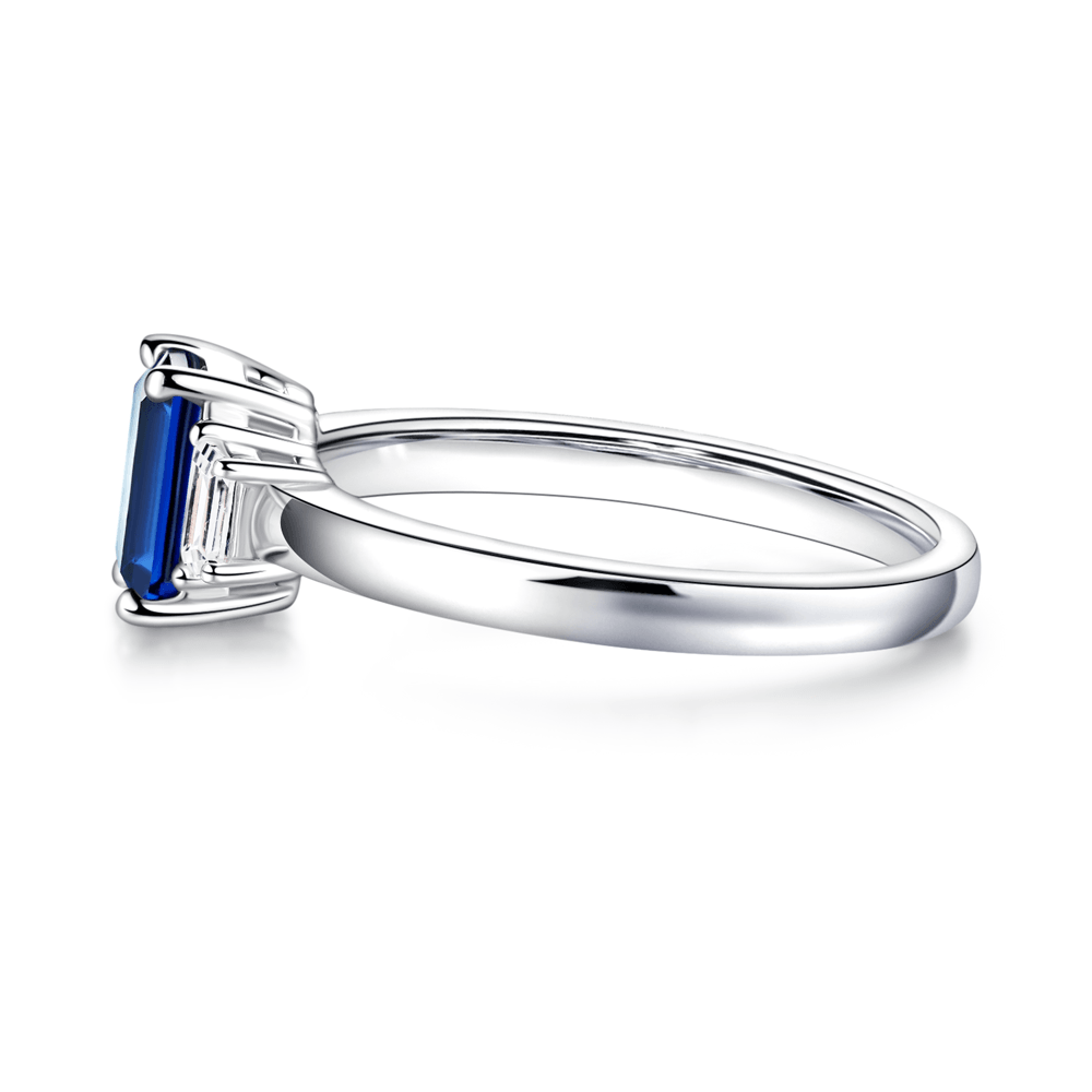 Exquisite Emerald Cut Blue Sapphire & White Sapphire Three Stone Ring – Elegant Jewelry for Engagement, Wedding & Special Occasions