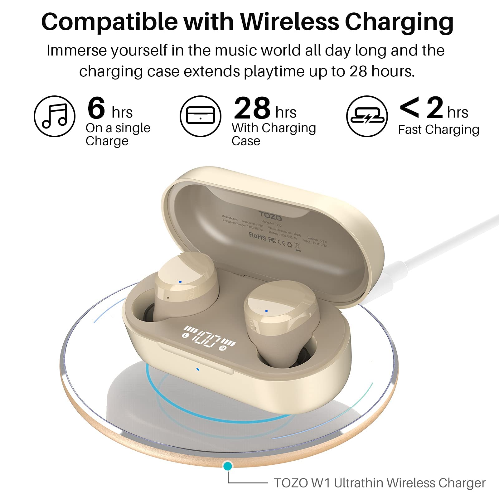 TOZO T12 Wireless Earbuds Bluetooth 5.3 Headphones with Wireless Charging Case, Hi-Fi Stereo Sound, IPX8 Waterproof, Built-in Mic, LED Display - Perfect for Gym, Running & Travel (Renewed, Champagne Gold)