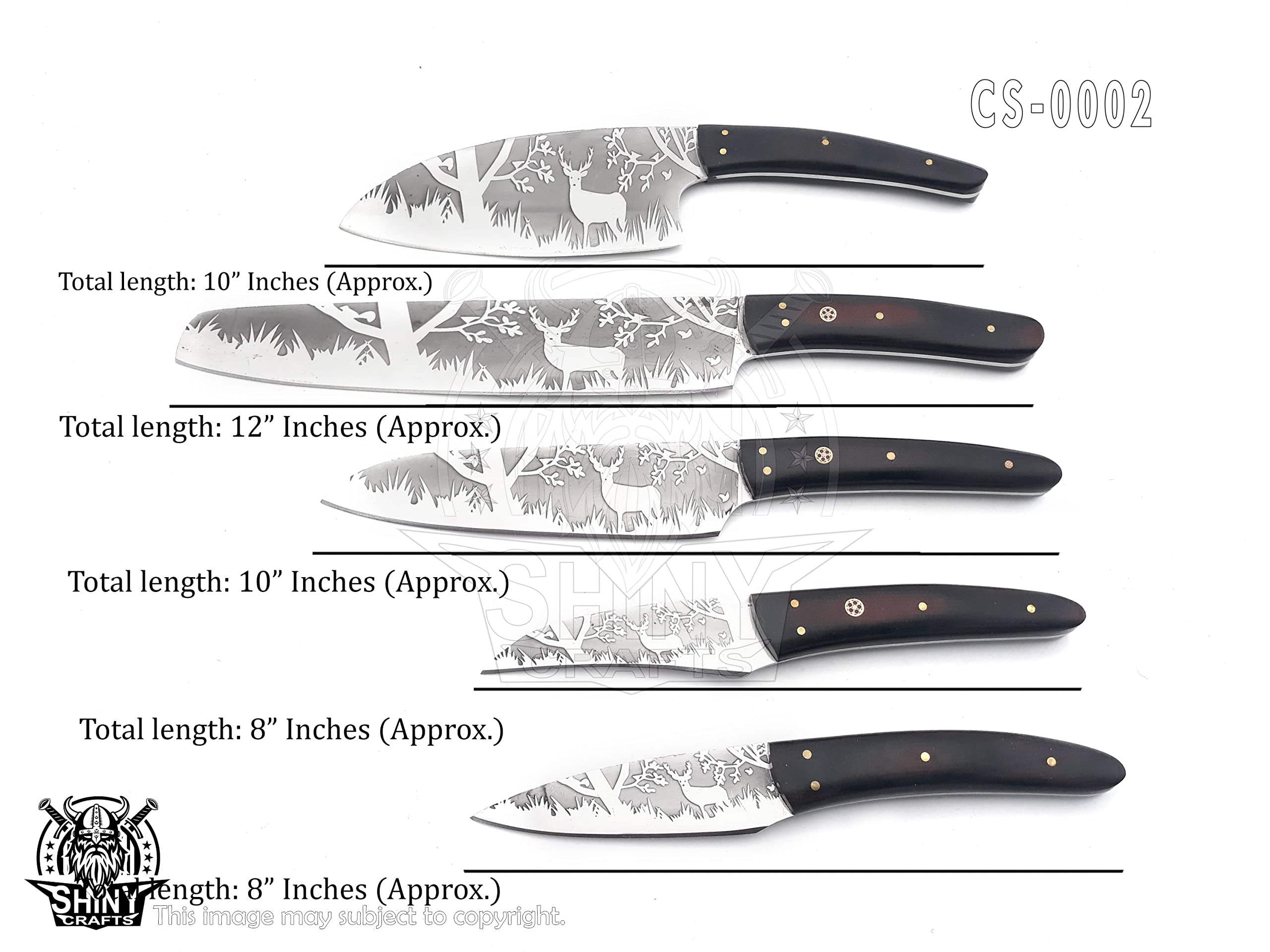 Premium Handmade Etched Forest Kitchen Knife Set - D2 Steel Blade, Wood Handle, Leather Pouch Roll - High Tempered Razor-Sharp Chef Knives for Professional Cooking & Outdoor Camping (CS-02)