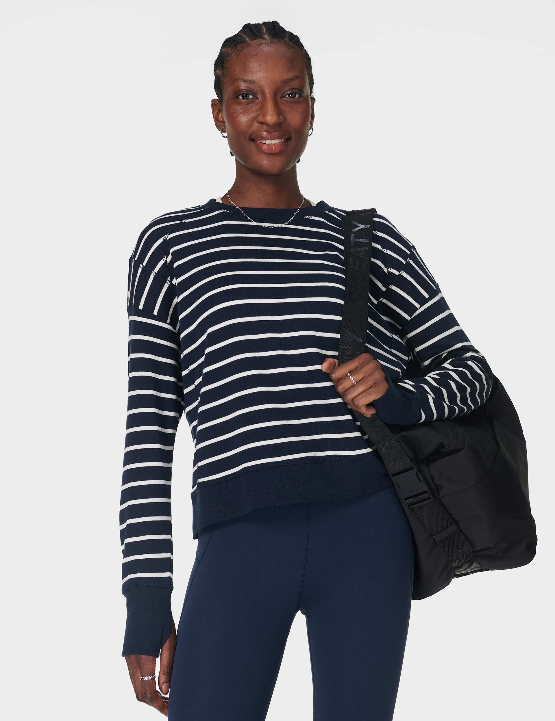 After School Crop Sweatshirt for Women - Navy & White Striped Pullover - Casual Wear for College, Gym, and Street Style