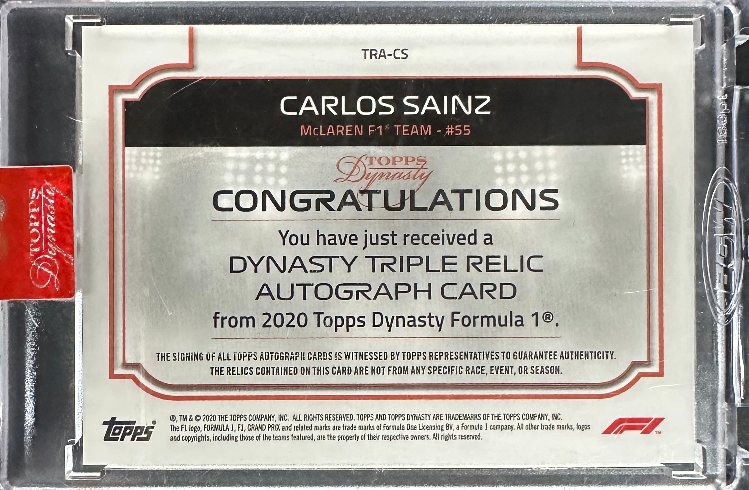2020 Topps Dynasty F1 Carlos Sainz #TRA CS Triple Relic Autograph 07/10 Silver - Rare Collectible for F1 Fans & Sports Memorabilia Enthusiasts