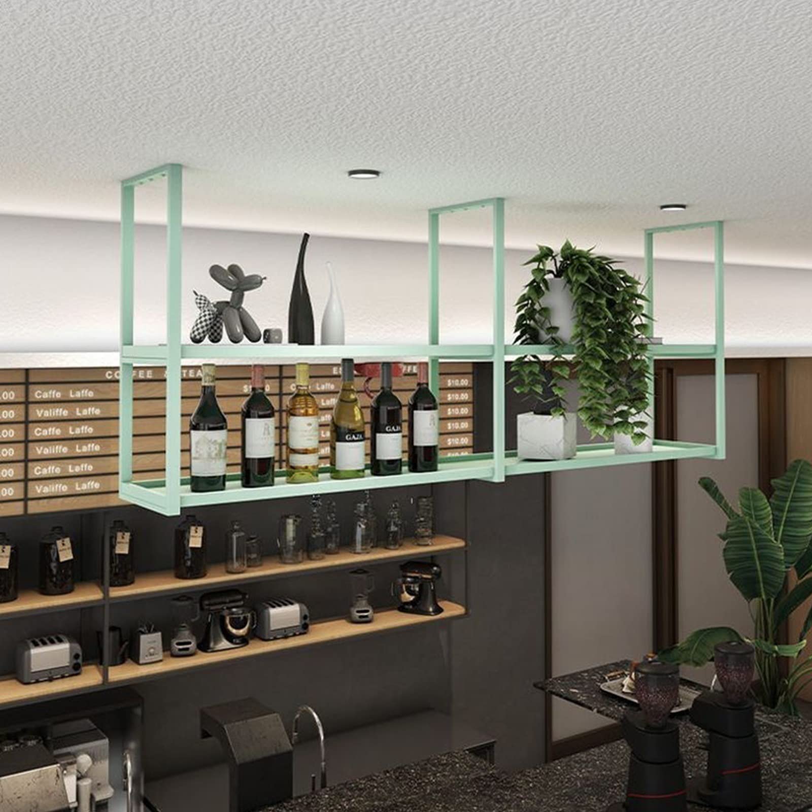 Hanging Ceiling Wine Rack - Iron Art Kitchen Storage Shelf, Multifunctional Display Rack for Wine Bottles, Easy to Install (Green) - Perfect for Kitchen, Dining Room, Bar & Home Decor