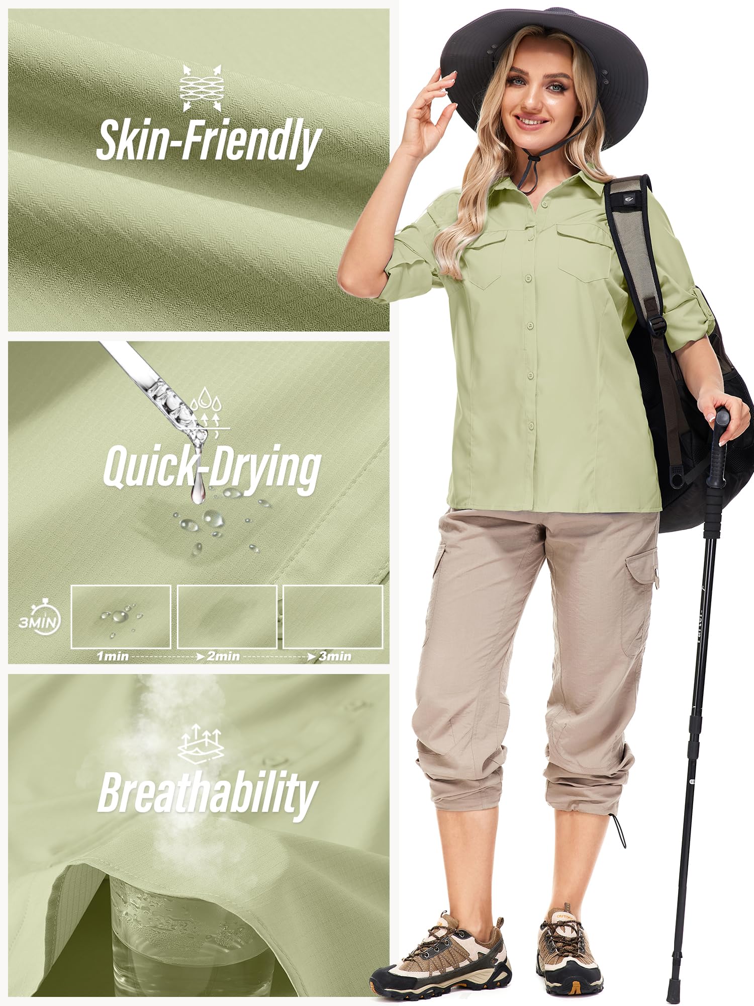 UPF50+ Sun Protection Fishing Shirts for Women & Men - Long Sleeve Travel Work Shirts with Zipper Pockets - Perfect for Safari, Hiking, and Outdoor Adventures