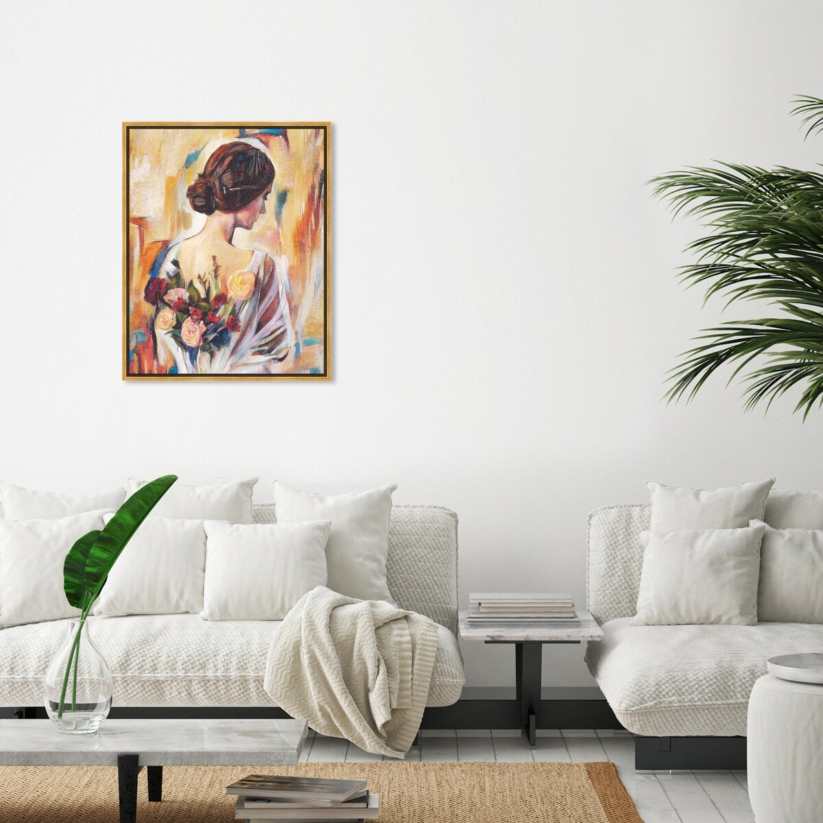 Modern White Framed Canvas Wall Art Print - Floral Back and Flowers Design for Women's Bedroom Decor | Perfect for Home, Living Room & Office Wall Decoration