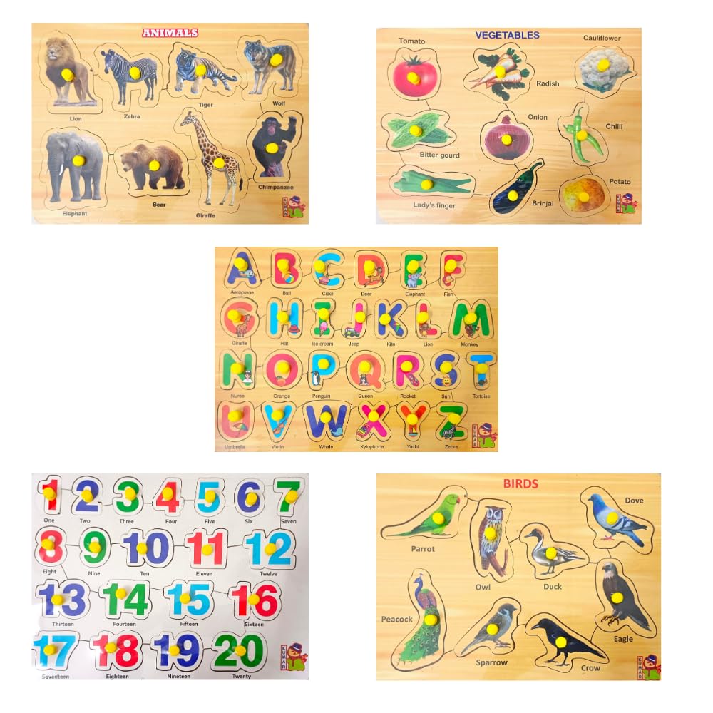 5-Piece Wooden Learning Puzzle Set for Kids 3+ & Adults - Wild Animals, ABCs, Numbers 1-20, Vegetables, Birds - Educational Montessori Toys for Toddlers & Jigsaw Puzzles for Family Game Night