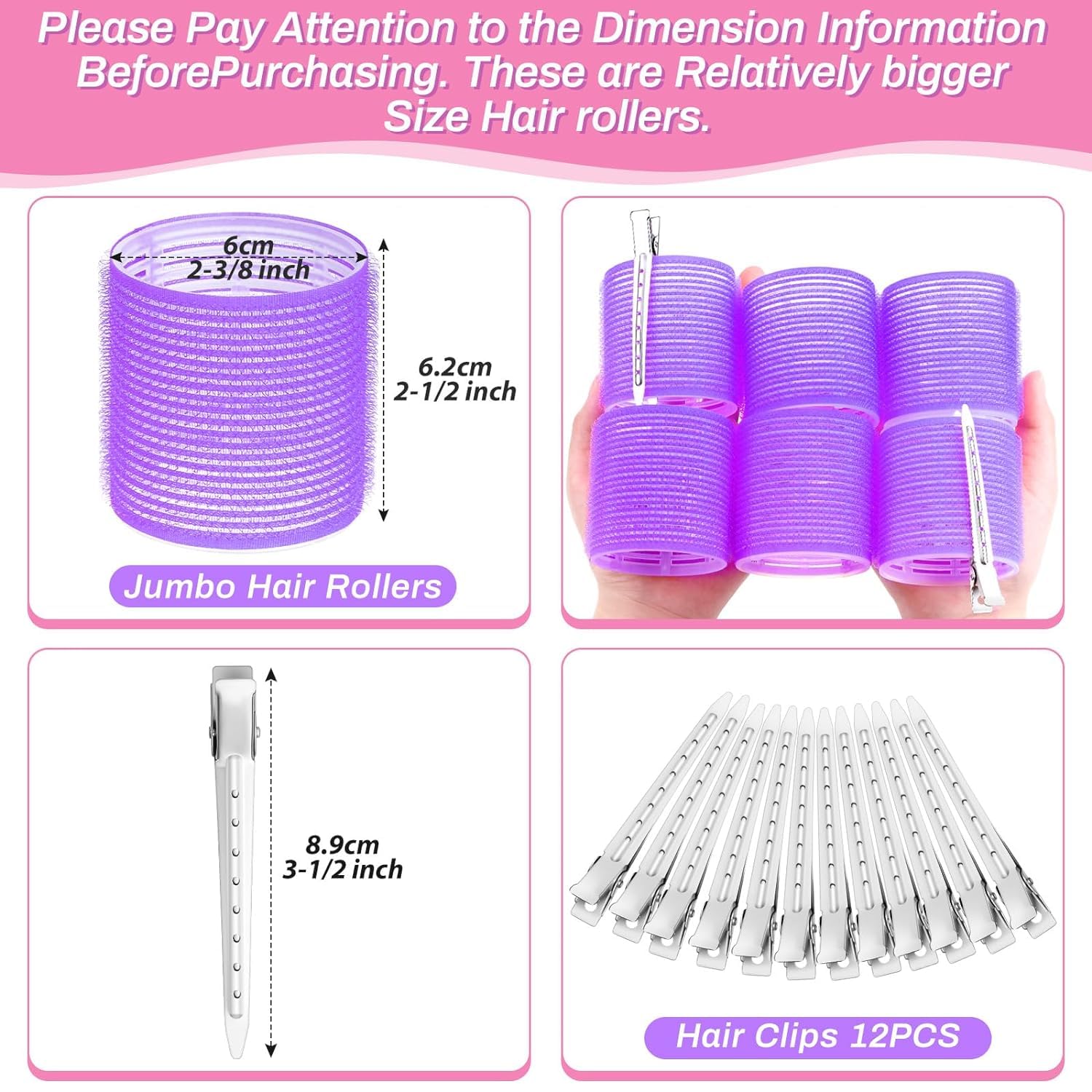 SIYAA Jumbo Rollers Hair Curlers 18-Piece Set - 6 Large Hair Rollers & 12 Hair Clips for Long to Medium Hair Volume & Curls (Purple) - Perfect for Salon-Quality Styling at Home, Parties & Special Occasions