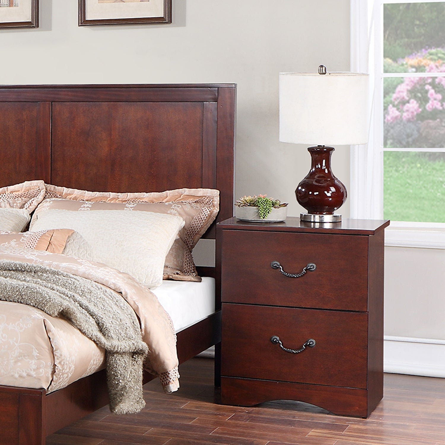 2 Drawers Pine Wood Nightstand with Cherry Finish - Bedside Table for Bedroom, Living Room, or Office Storage