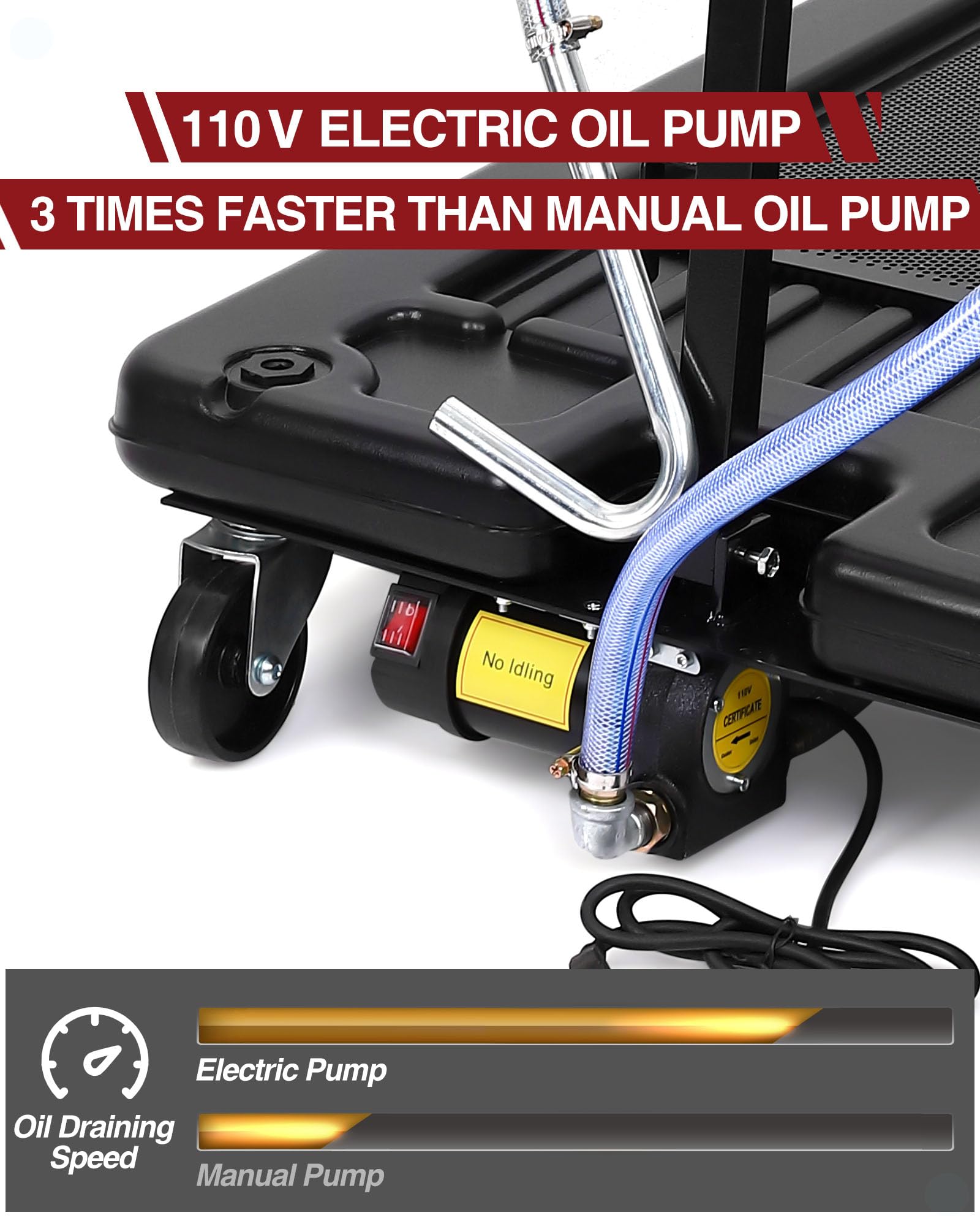 17 Gallon Low Profile Electric Oil Drain Pan with 110V Pump - 8FT Hose & Folding Handle - Rolling Oil Change Cart for Cars, Trucks, Buses, RVs - Ideal for Quick & Mess-Free Oil Changes in Home Garages & Auto Shops