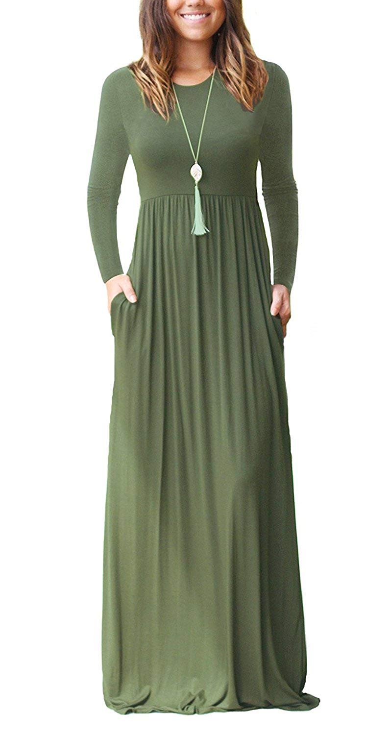 MISFAY Women's Long Sleeve Loose Plain Maxi Dress with Pockets - Casual Flowy Beach Dress for Summer, Travel, and Everyday Wear