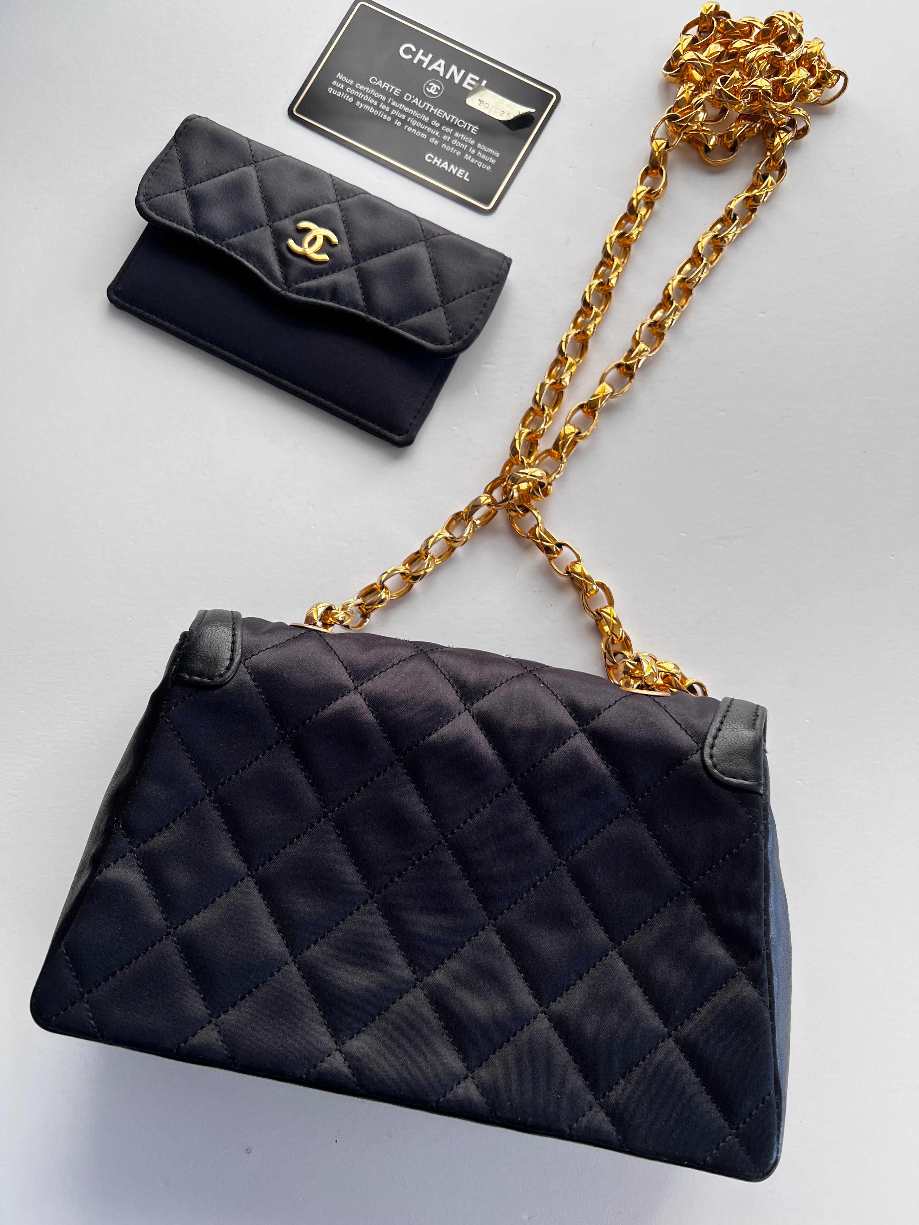 Vintage Chanel Satin & Leather Flap Bag with Card Holder - Luxury Designer Crossbody Purse for Women, Perfect for Evening Parties & Special Occasions