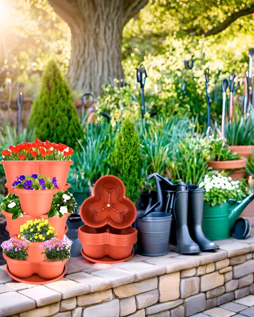 2-Pack Stackable Planter Pots - Brick Red 5-Tier Garden Tower for Vegetables, Herbs & Succulents | Indoor/Outdoor Vertical Gardening | Space-Saving Flower Pots for Balcony, Patio & Small Gardens