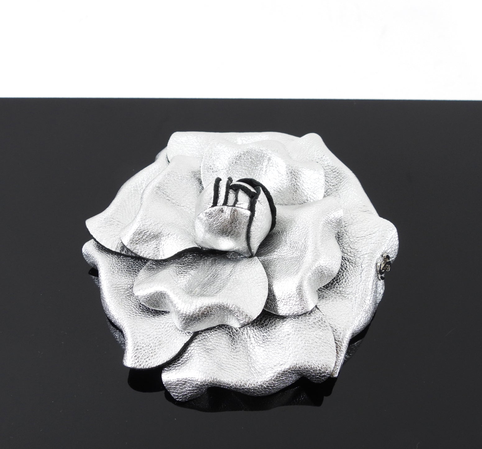 Chanel Silver Camellia Flower Brooch Pin - Elegant Floral Fashion Accessory for Women | Perfect for Dresses, Jackets, Scarves & Special Occasions