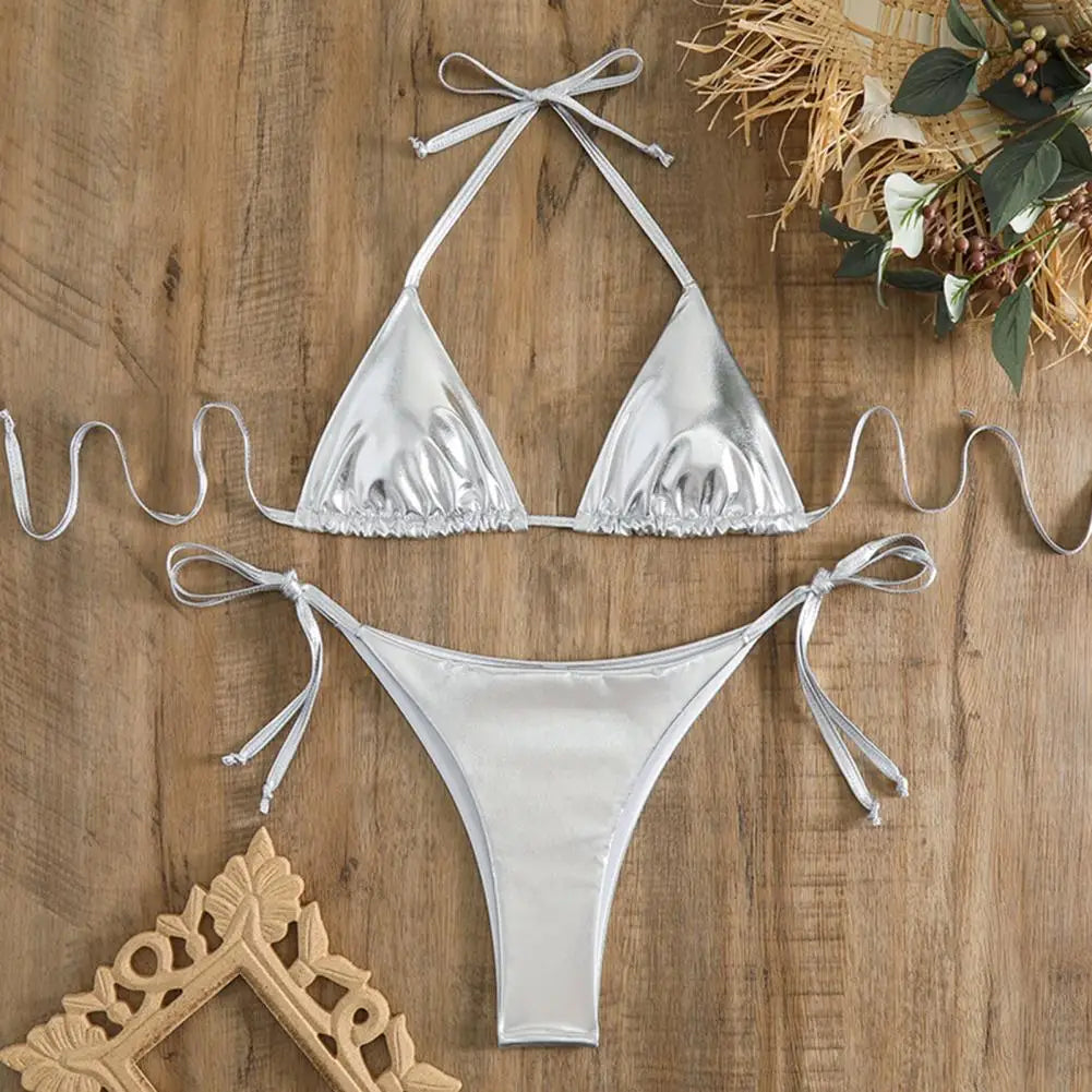 Sexy Gold Halter Lace Up Bikini Set for Women - 2 Piece Swimwear with Beach Cover Up | Perfect for Pool Parties, Beach Vacations & Summer Getaways