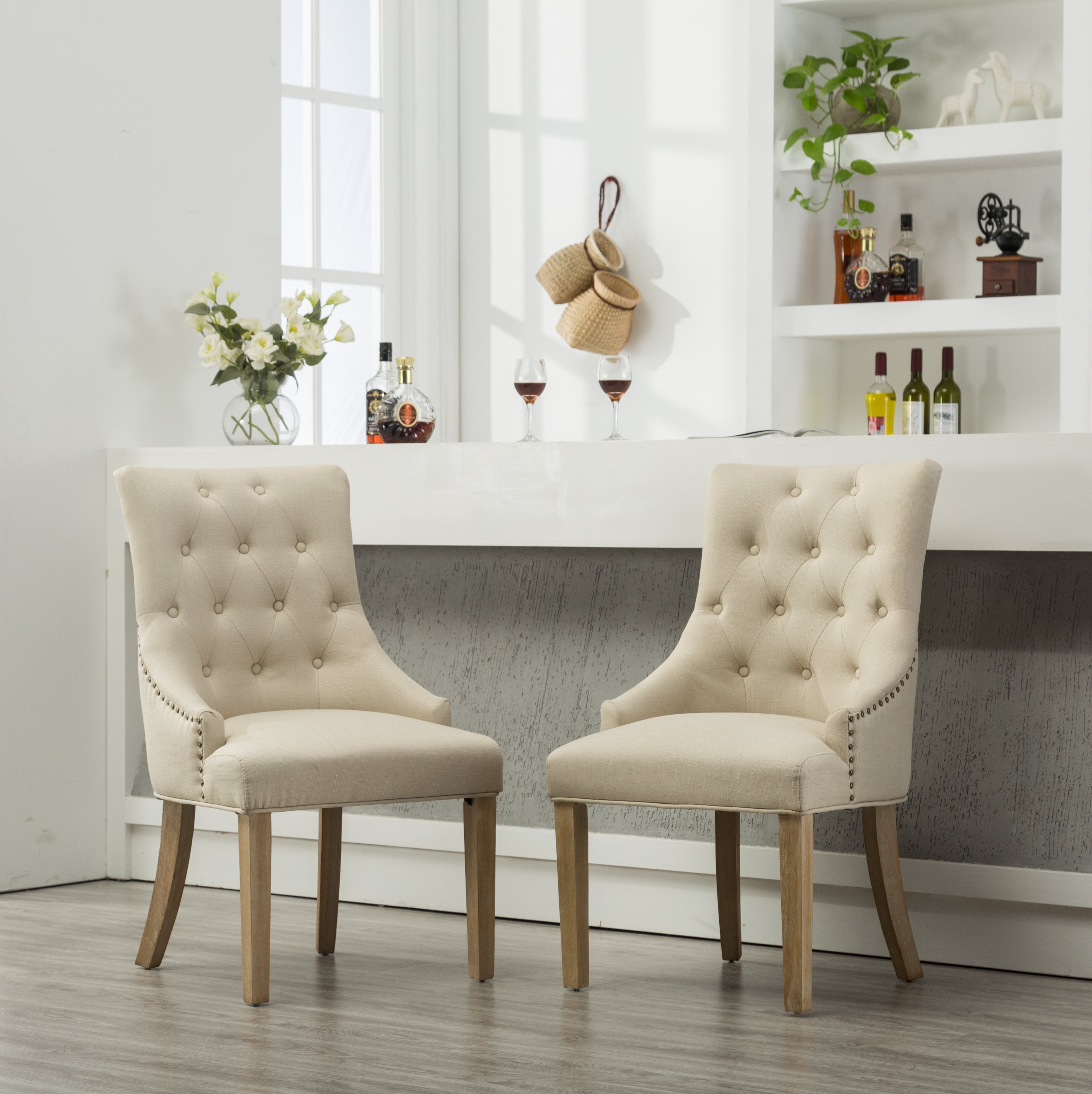Roundhill Furniture Solid Wood Wingback Hostess Chairs - Button Tufted with Nail Heads, Tan (Set of 2) - Perfect for Dining Room, Living Room or Home Office Decor