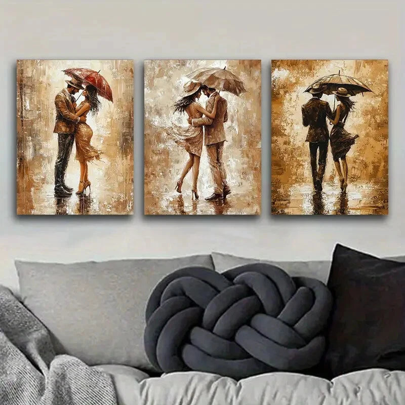 3pcs Romantic Couple Walking in the Rain Metal Wall Art - Ready to Hang Home Decor for Living Room, Bedroom & Office
