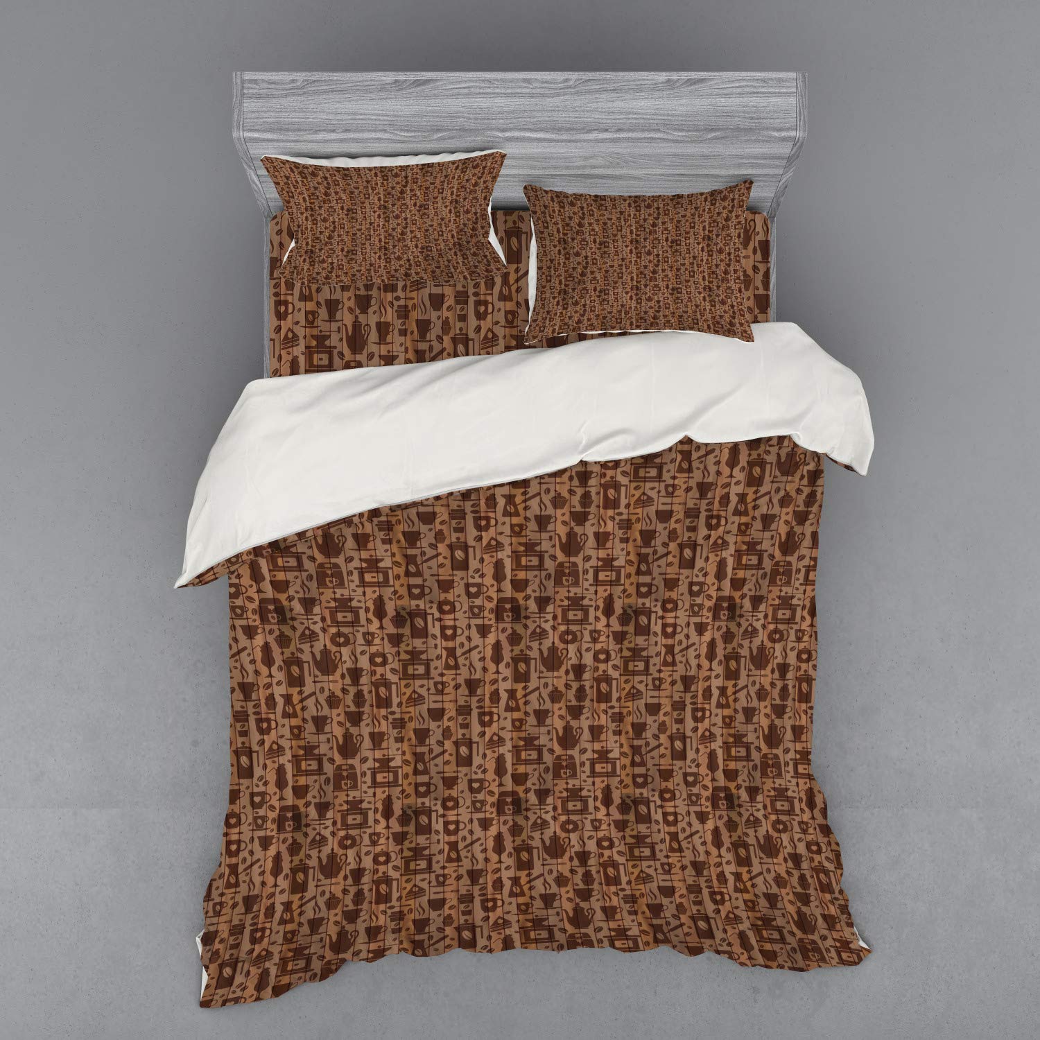 Ambesonne Modern 4-Piece Duvet Cover Set with Shams & Fitted Sheet - Coffee Mug & Teapot Bakery Illustration - Queen Size Bedding in Cocoa Redwood - Perfect for Bedroom Decor & Gift for Coffee Lovers