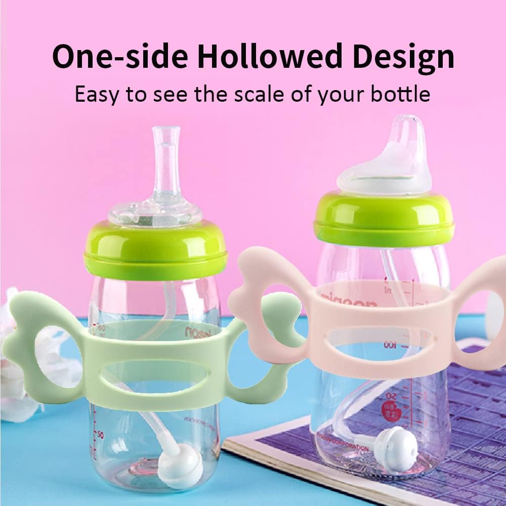 Baby Bottle Handles - 4 Pack Silicone Wide-Neck Bottle Grips for Easy Holding, Fits Bottles Over 6cm Outer Diameter, Pink Angel Wing Design - Perfect for Toddler Self-Feeding, Daycare, and Travel Use