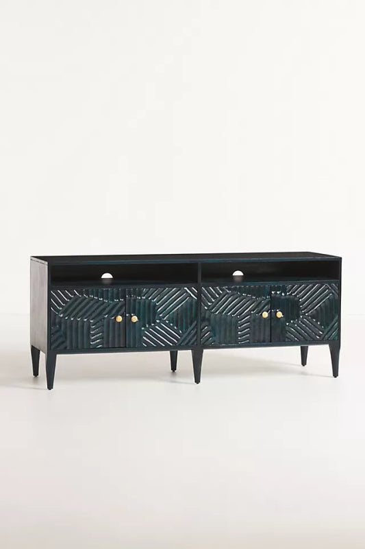 Hand Carved Paje Media Console - Solid Wood TV Stand in Indigo Blue for Living Room, Bedroom & Home Theater | Rustic Farmhouse Furniture with Storage Shelves