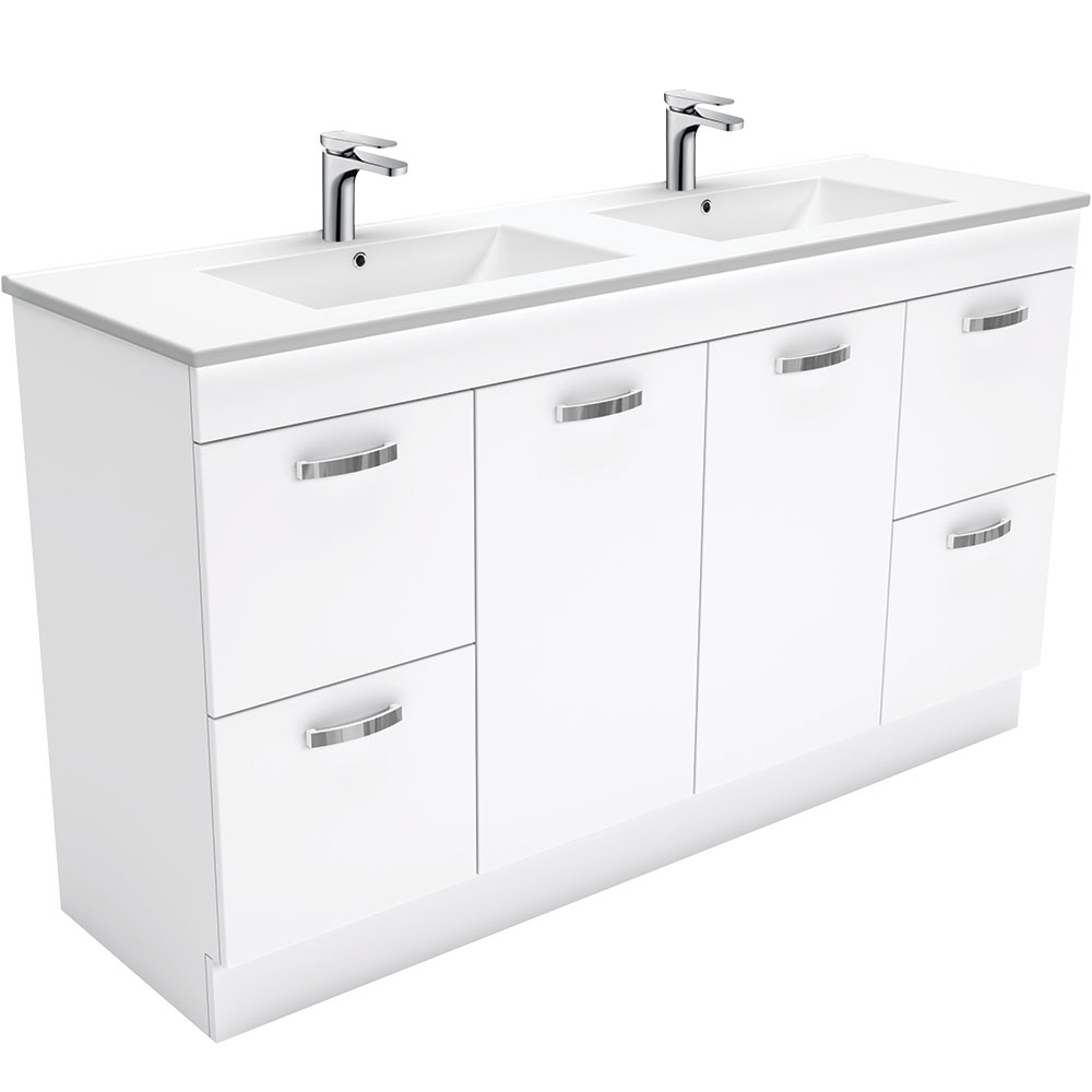 Fienza TCL150NKWD Dolce Ceramic 1500mm Double Bowl Vanity Kickboard with Handles in White - Perfect for Bathroom Vanity Upgrade & Modern Home Decor