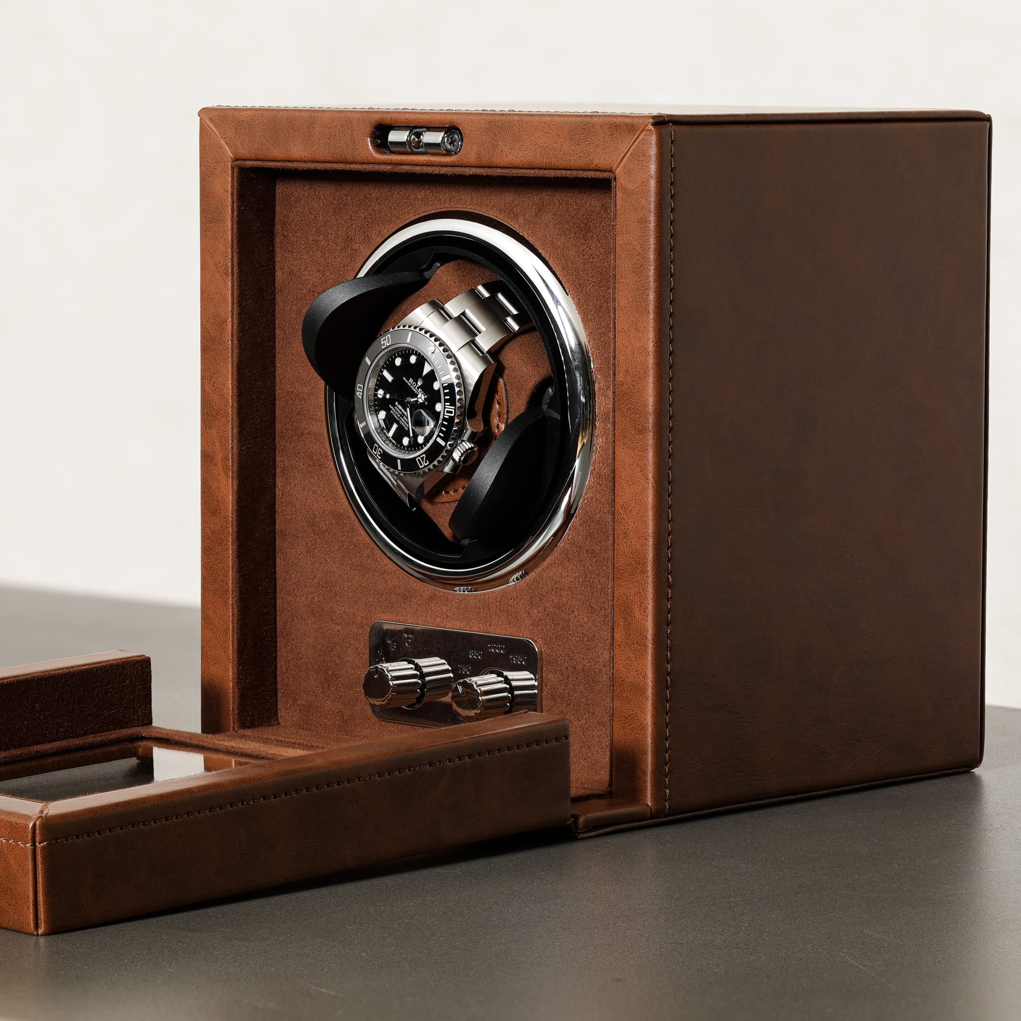 Premium ROTHWELL Single Automatic Watch Winder - Ultra Quiet Motor, 3 Speed Settings & Adjustable Rotation - Luxury Tan/Brown Leather - Perfect for Watch Collectors & Automatic Timepiece Storage