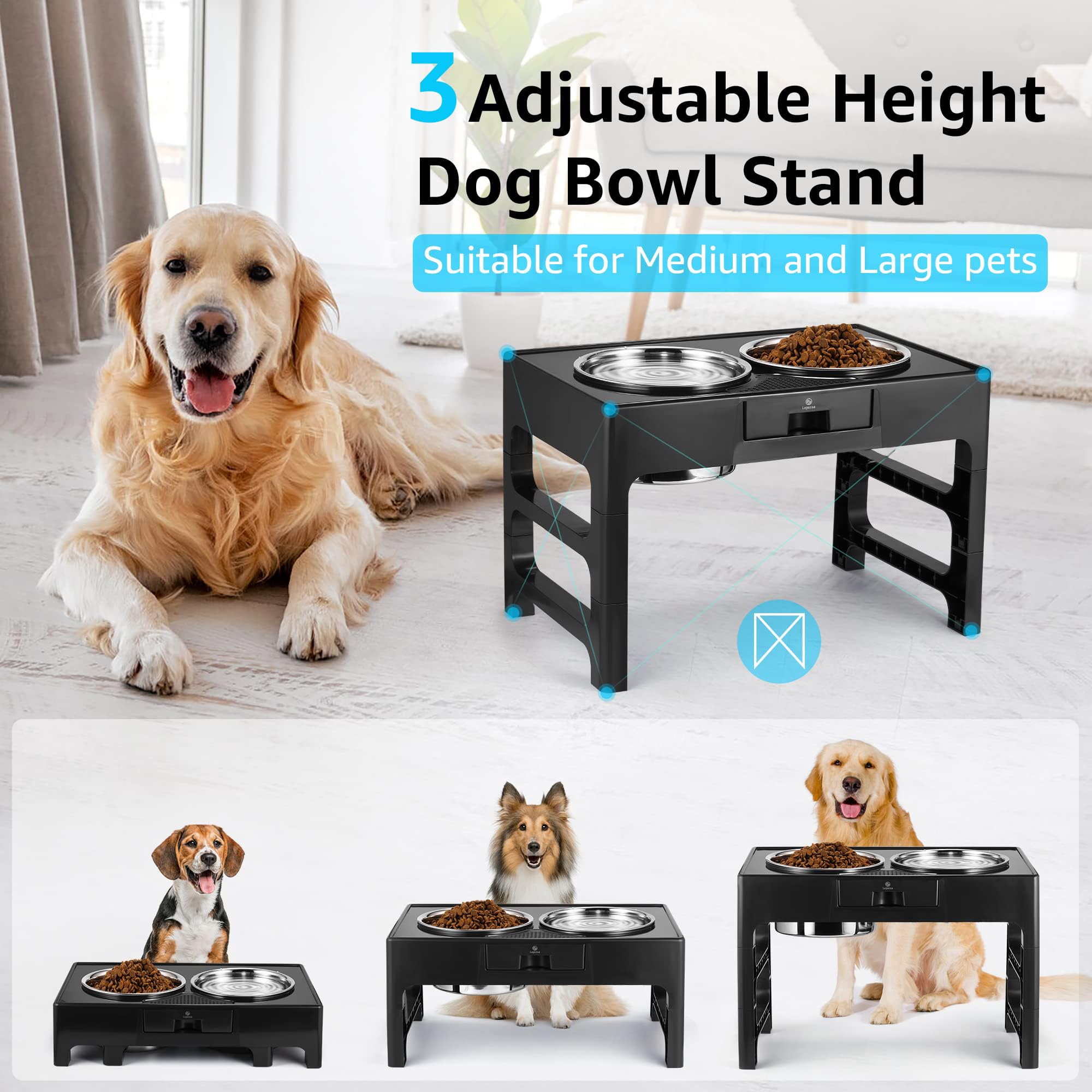 Stainless Steel Elevated Dog Bowls with Adjustable Stand - 3 Height Options (3.9”, 7.8”, 11.8”) for Medium & Large Dogs - Double Pet Food & Water Feeder - Perfect for Joint Health & Comfortable Feeding at Home or Travel