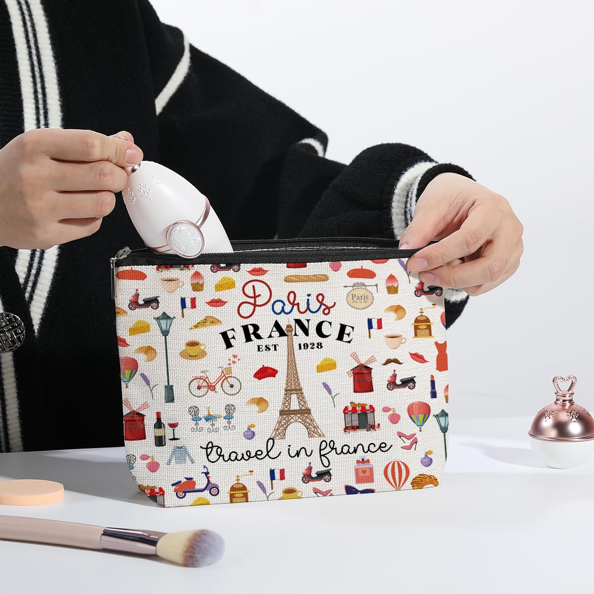 Eiffel Tower Paris Themed Cosmetic Makeup Bag - Romantic France Travel Toiletry Pouch for Women | Perfect Paris Lover Gift for Christmas, Anniversary & Birthday | Travel Essentials & Vacation Accessories for Travelers - Ideal for Carry-On, Weekend Trips & Honeymoons