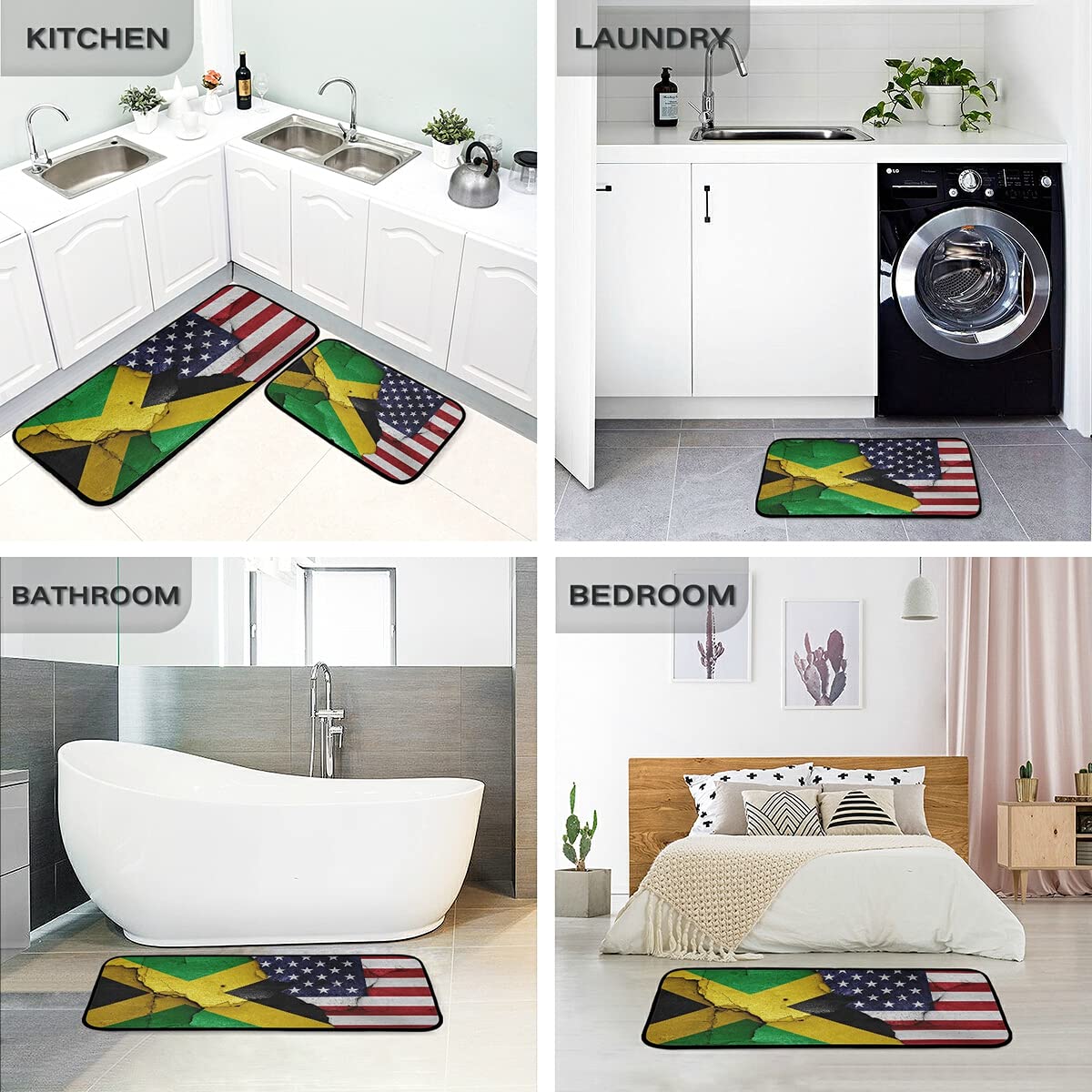 Jamaica & USA Flags Non-Slip Kitchen Rugs Set of 2 - Washable Floor Mats for Sink, Laundry & Home Decor | Perfect for American & Jamaican Themed Kitchens