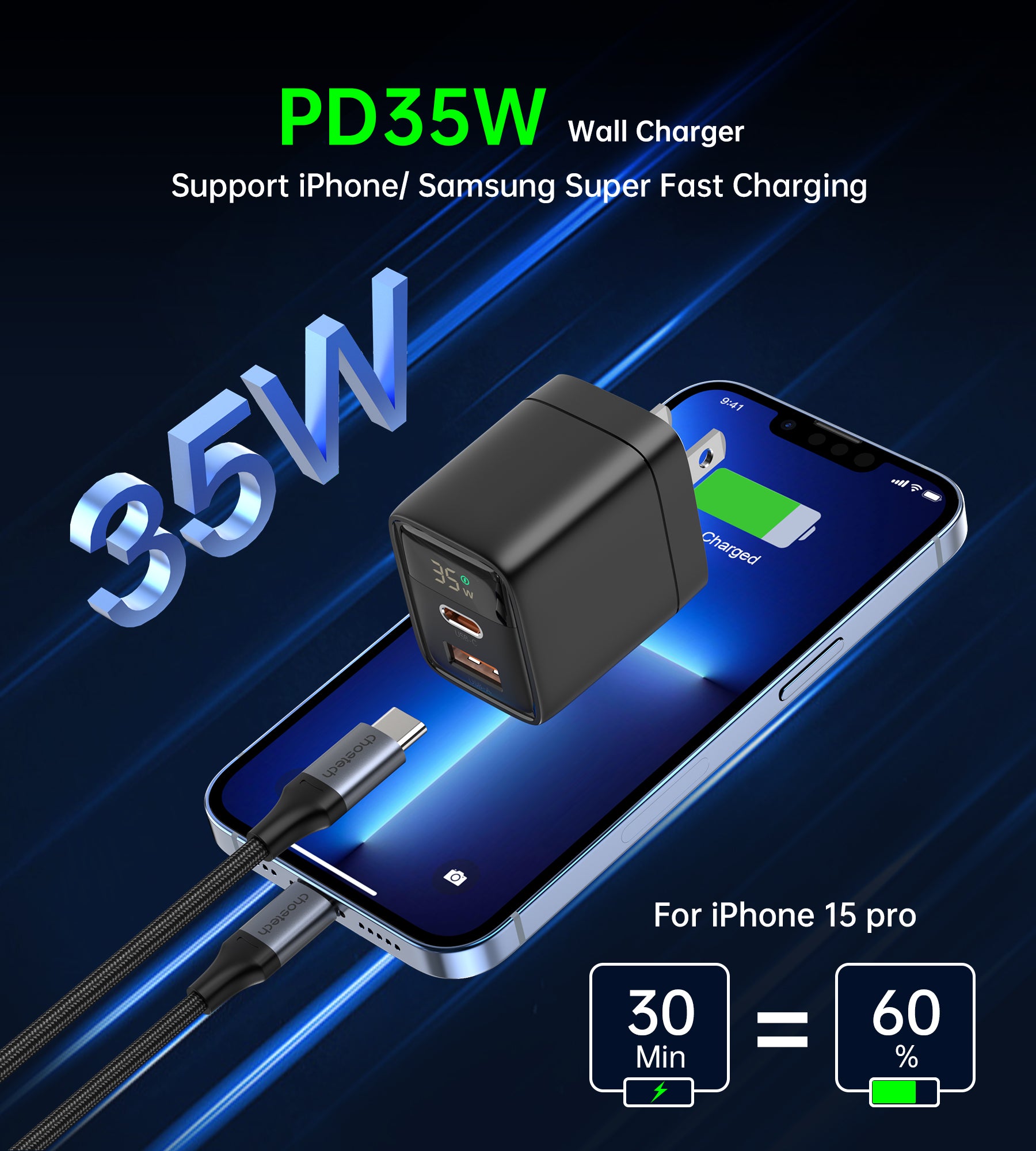 Choetech PD35W GaN Fast Wall Charger with USB-C & USB-A Ports - Compact & Powerful for iPhone, Samsung, MacBook - Perfect for Travel, Home & Office Use (Black/White, US Plug)