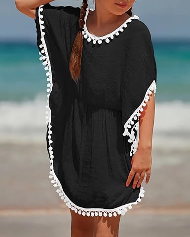 Eurivicy Girls' Swim Cover Up - Cute Kids Summer Beach Dress with Pom Pom Trim - Perfect for Pool, Beach & Vacation Outfits