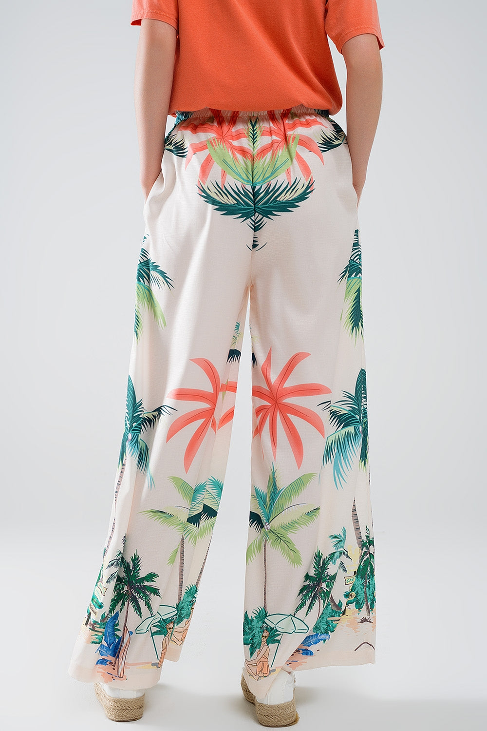 Women's Cream Beach Print Elastic Waist Straight Leg Pants - Perfect for Summer Vacations, Casual Outings, and Beach Getaways