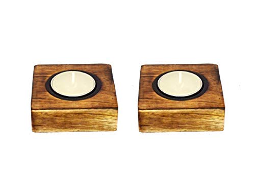 Wooden Votive Candle Holder Set of 2 - Rustic Metal & Wood Tealight Candle Tray for Home Decor, Wedding Centerpieces & Romantic Valentine's Day Ambiance