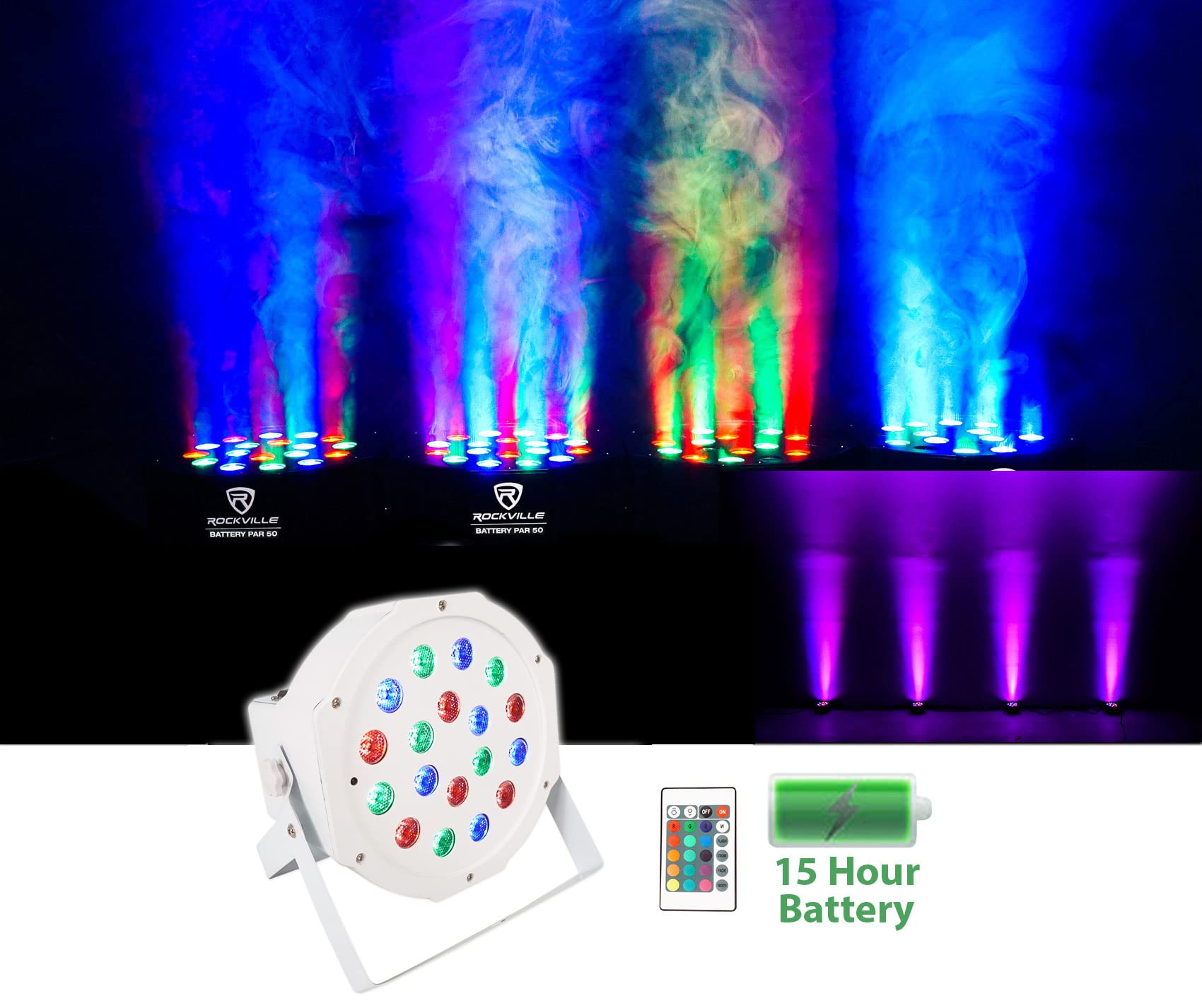 Rockville PAR 50 White Rechargeable LED DMX DJ Wash Lights (2-Pack) with Carrying Bag - Perfect for Stage Lighting, Clubs, and Events