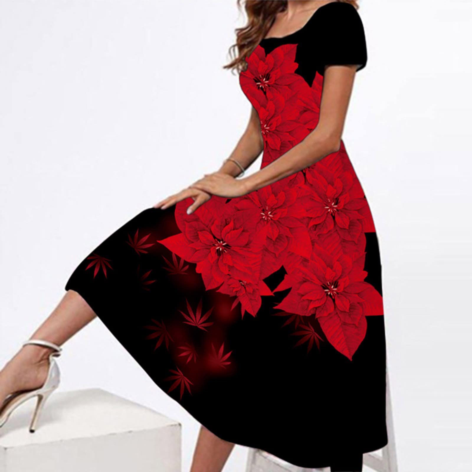 Women's Maxi Dress Short Sleeve Round Neck Flowy Boho Print - Elegant Casual Party & Beach Dress for Spring Summer | Perfect for Daily Wear, Vacations & Outdoor Events