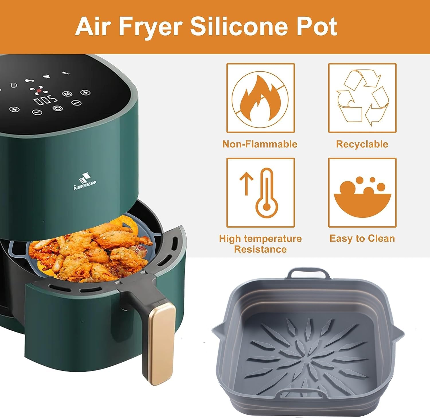 **Reusable Silicone Air Fryer Liners (2-Pack) – 8.5” Square Non-Stick Basket for 4-7 Qt Air Fryers – Heat-Resistant, Easy to Clean – Grey & Black – Perfect for Frying, Baking & Roasting**