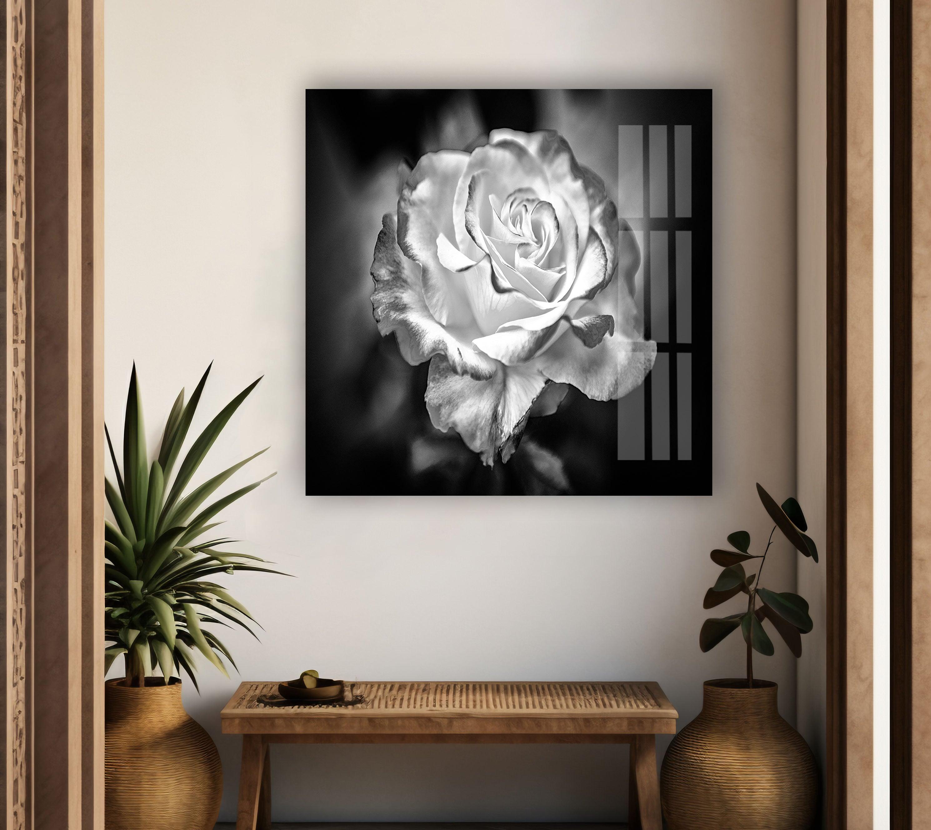 Elegant Black and White Rose Glass Wall Art - Modern Home Decor for Living Room, Bedroom & Office
