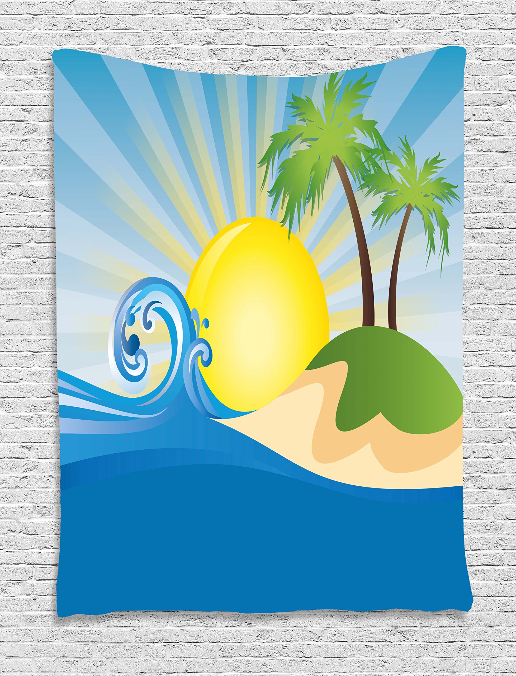 Ambesonne Tropical Beach Tapestry Wall Hanging - 40x60 Inch Blue Yellow Green Ocean Sunset Art - Perfect for Bedroom, Living Room & Dorm Decor - Beach Theme Home Accessories for Summer Vibes