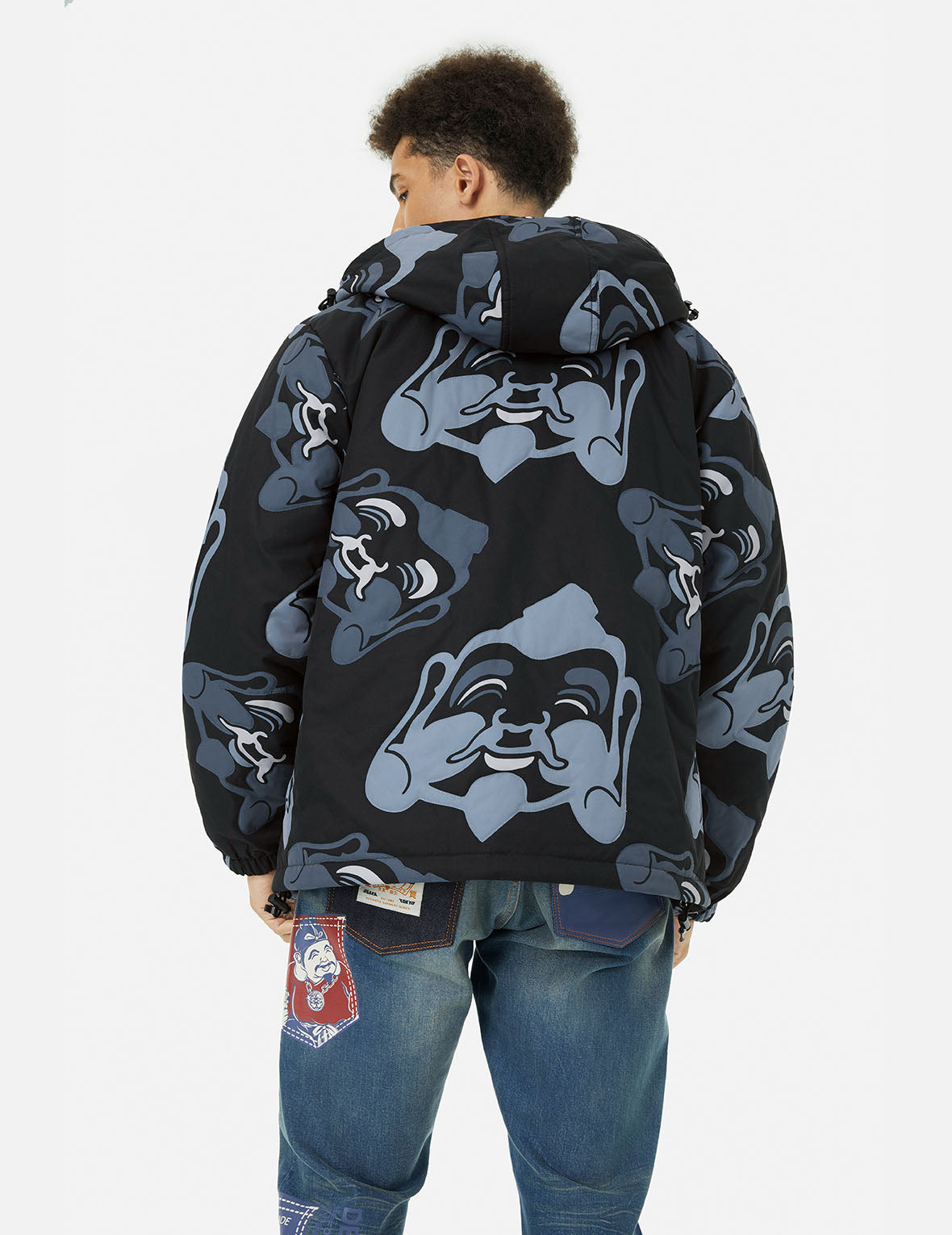Stylish Allover Godhead Print Loose Fit Quilting Jacket for Women - Trendy Streetwear Outerwear for Casual Outings & Fall Fashion