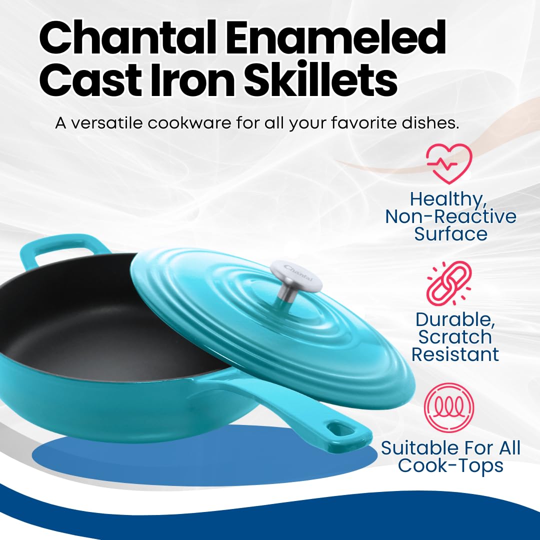 Premium Chantal 4 qt Cast Iron Skillet with Lid - US Formulated Enamel Coated Sauté Pan in Sea Blue | Perfect for Stovetop Cooking, Oven Baking & Serving Dishes