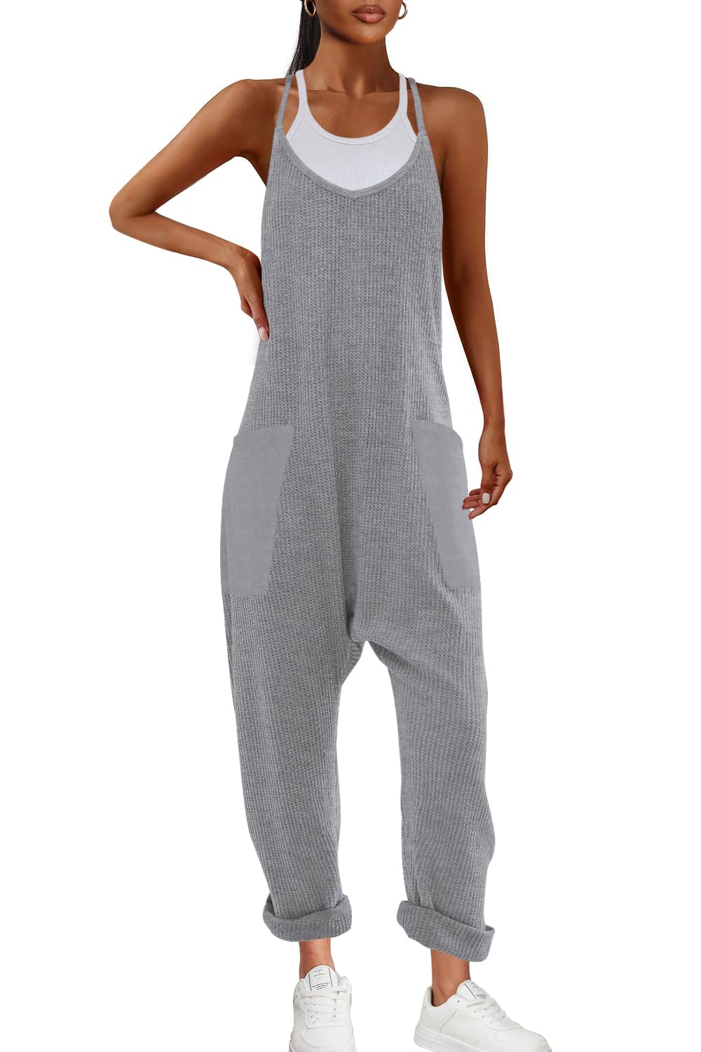 Nirovien Women's Waffle Knit Jumpsuit - Oversized Sleeveless Romper with Pockets | Casual One Piece Outfit for Fall | Lounge Wear, Street Style & Vacation Outfits