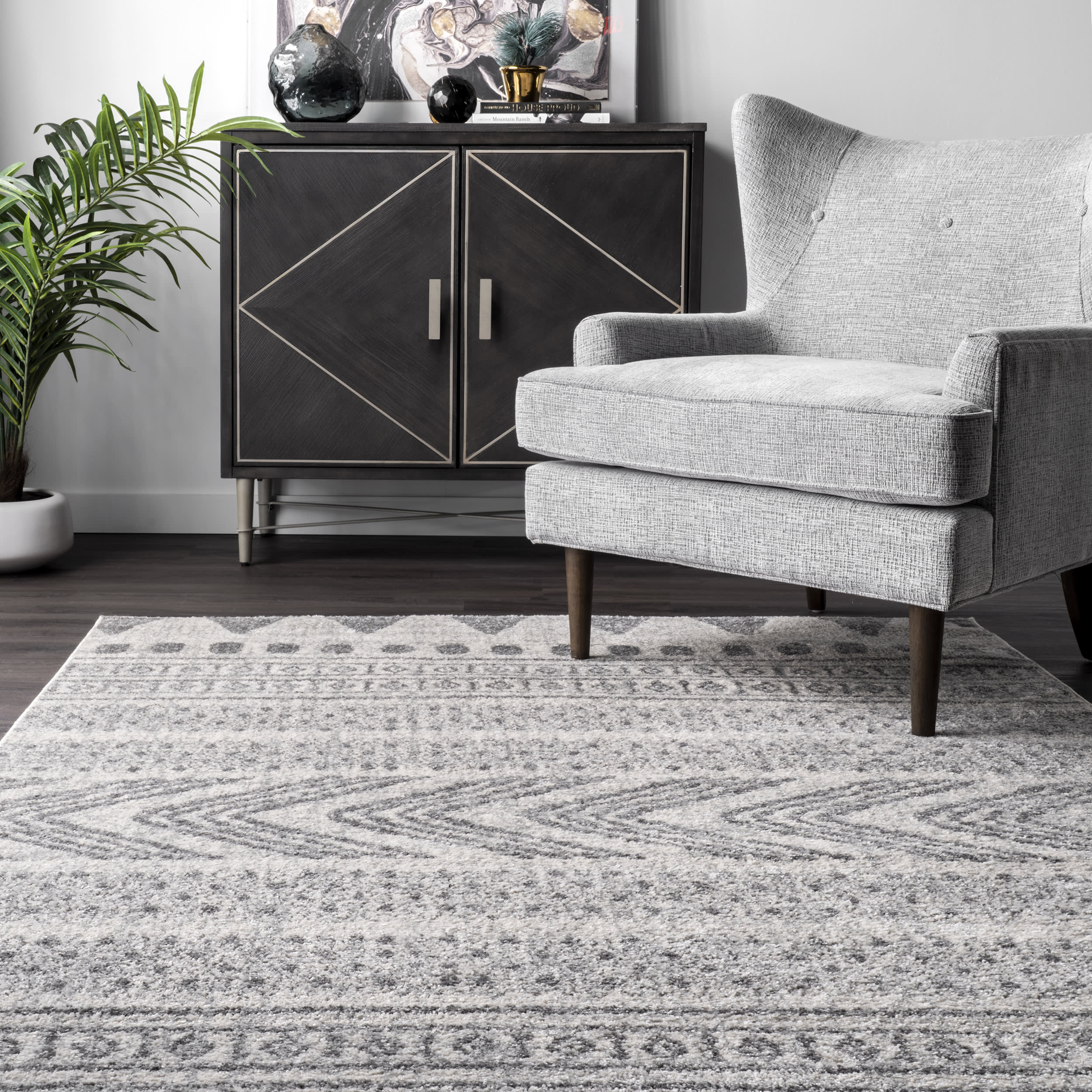 Modern Geometric Banded Area Rug - Soft Grey Handwoven Living Room Carpet for Home Decor, Bedroom, Office | Non-Slip Durable Floor Mat for High Traffic Areas