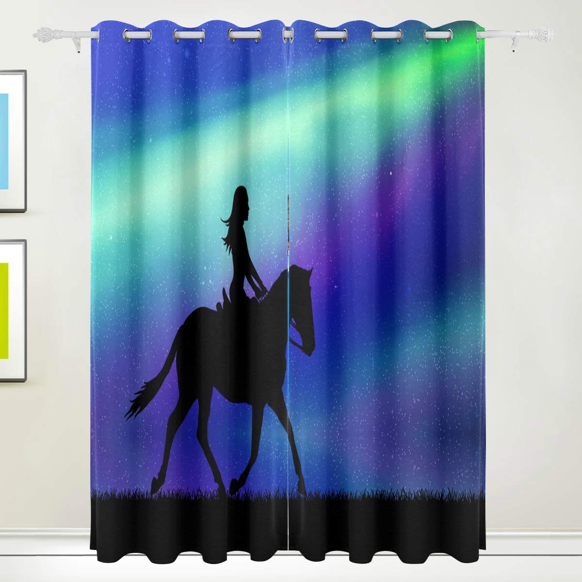 Blackout Curtains for Bedroom & Dining Room - Thermal Insulated Darkening Window Panels (72 x 55 Inch, 2 Panels) | Northern Lights Starry Sky Design with Girl on Running Horse | Perfect for Light Blocking, Privacy & Energy Efficiency