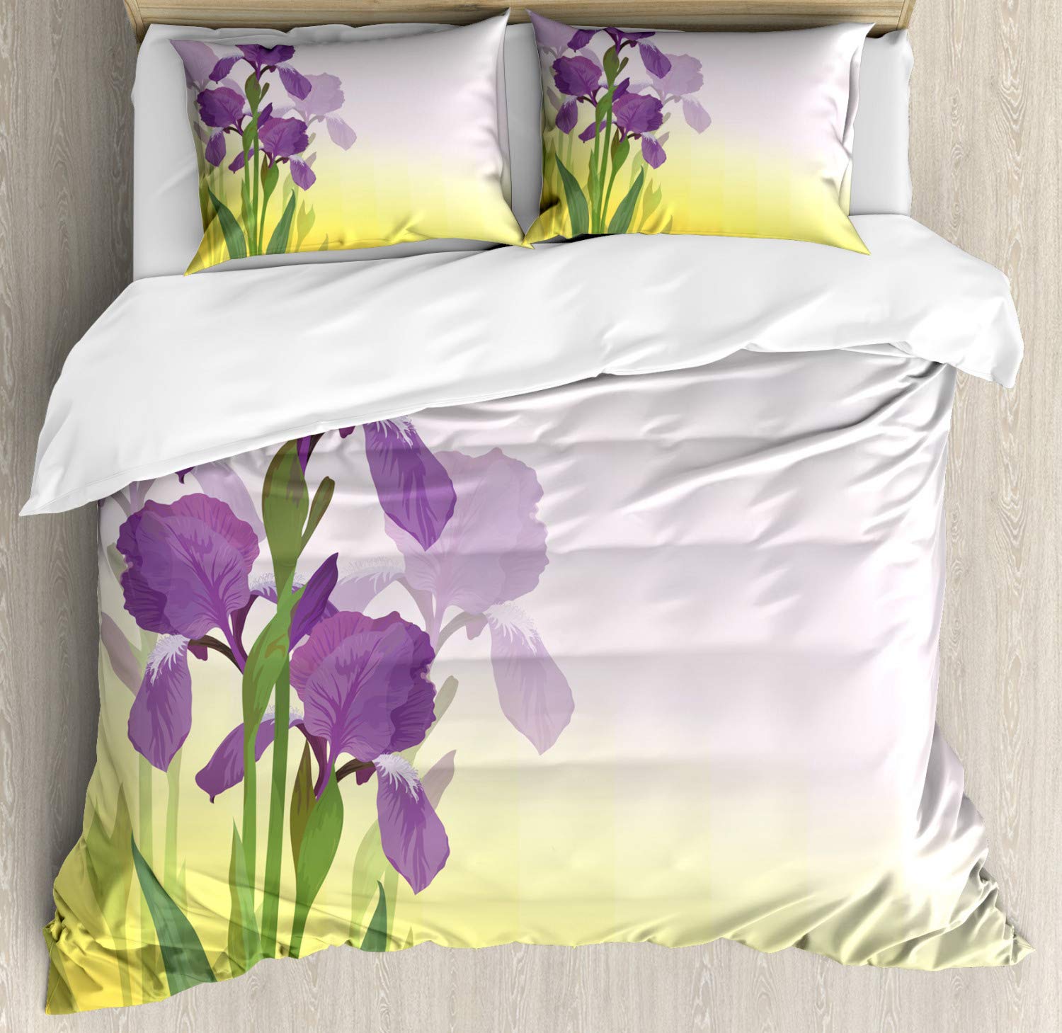 Ambesonne King Size 3-Piece Duvet Cover Set with 2 Pillow Shams - Vibrant Violet, Green & Yellow Iris Flower Garden Design for Spring Bedroom Decor | Perfect for Master Bedroom, Guest Room & Home Staging