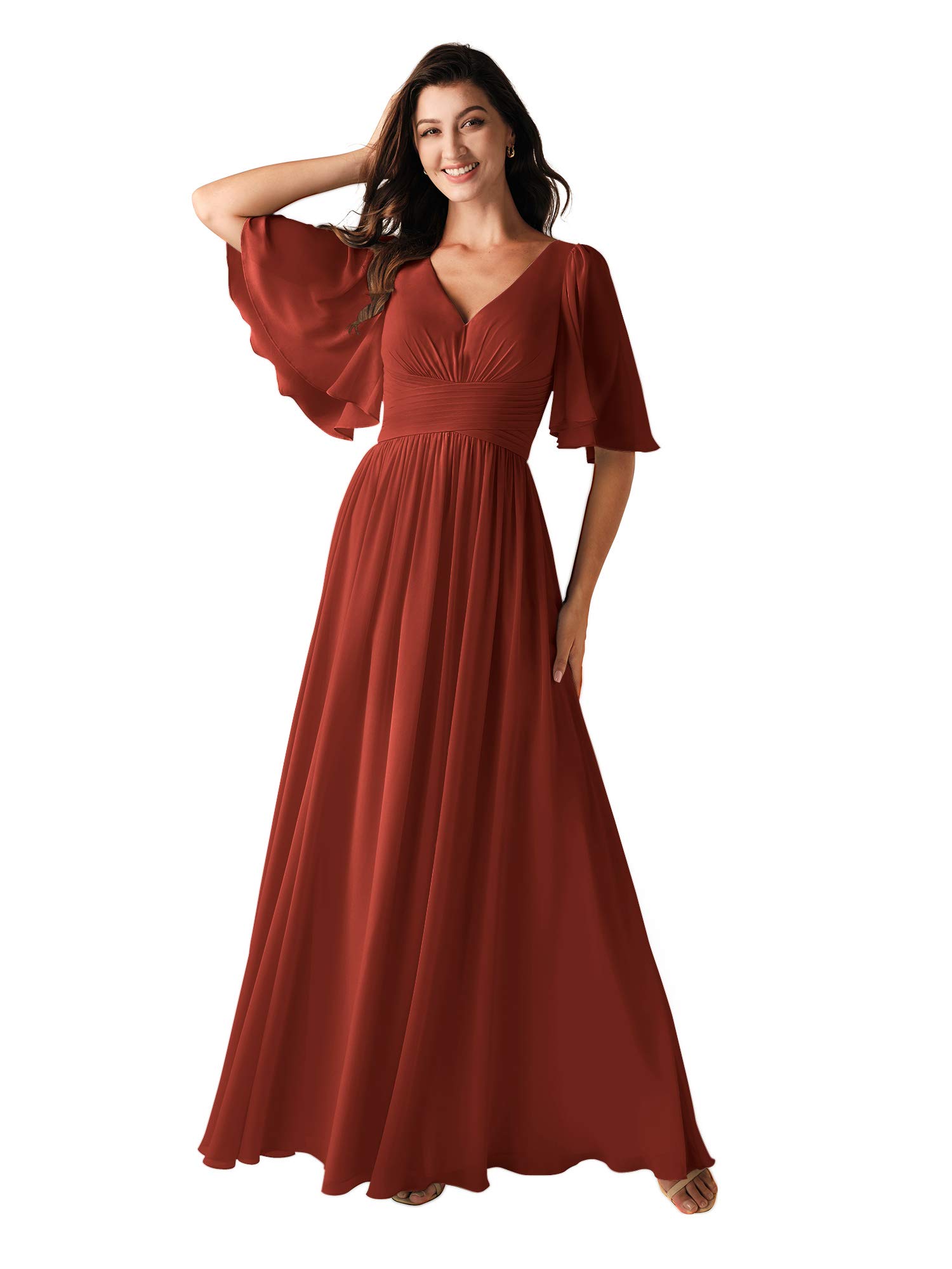 ALICEPUB Women's V-Neck Chiffon Bridesmaid Dress - Elegant Long Sleeve Wedding Party Gown for Prom, Evening Events & Formal Occasions
